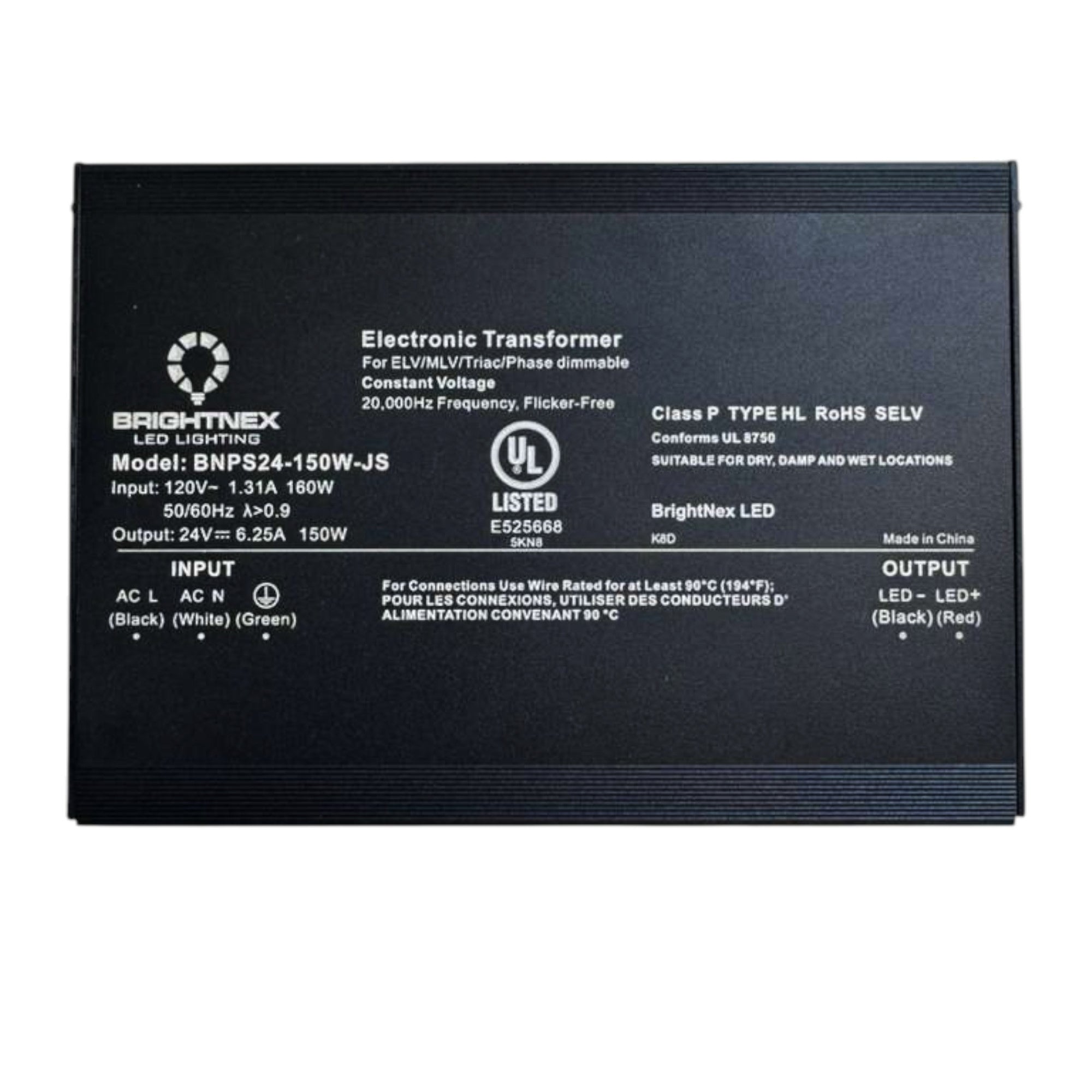 UL listed 24V 150W constant voltage dimmable LED driver showing Brightnex model BNPS24 300W electrical specifications and certifications