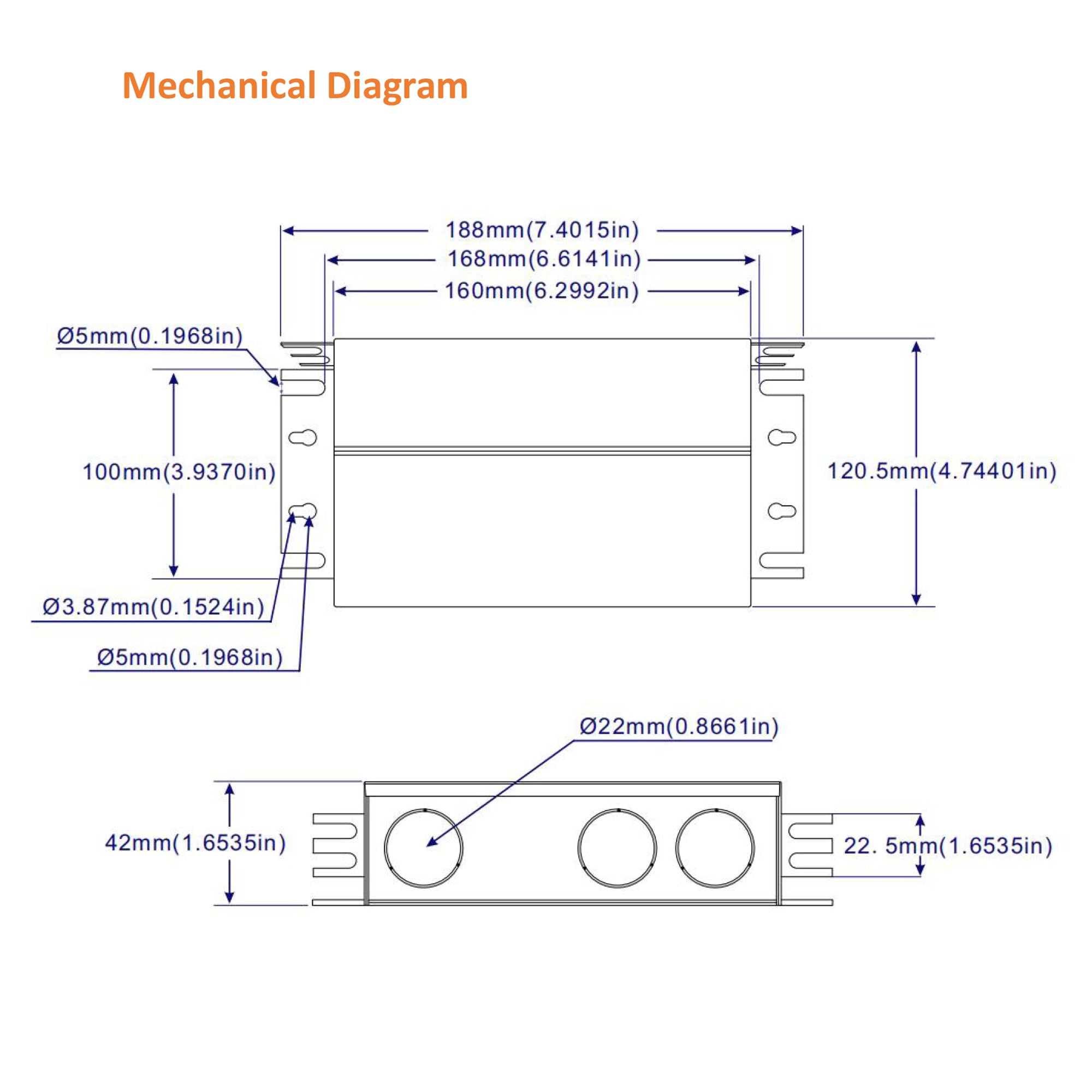 UL listed 24V 192W dimmable LED driver junction box mechanical drawing showing enclosure dimensions mounting hole spacing and conduit entry sizes