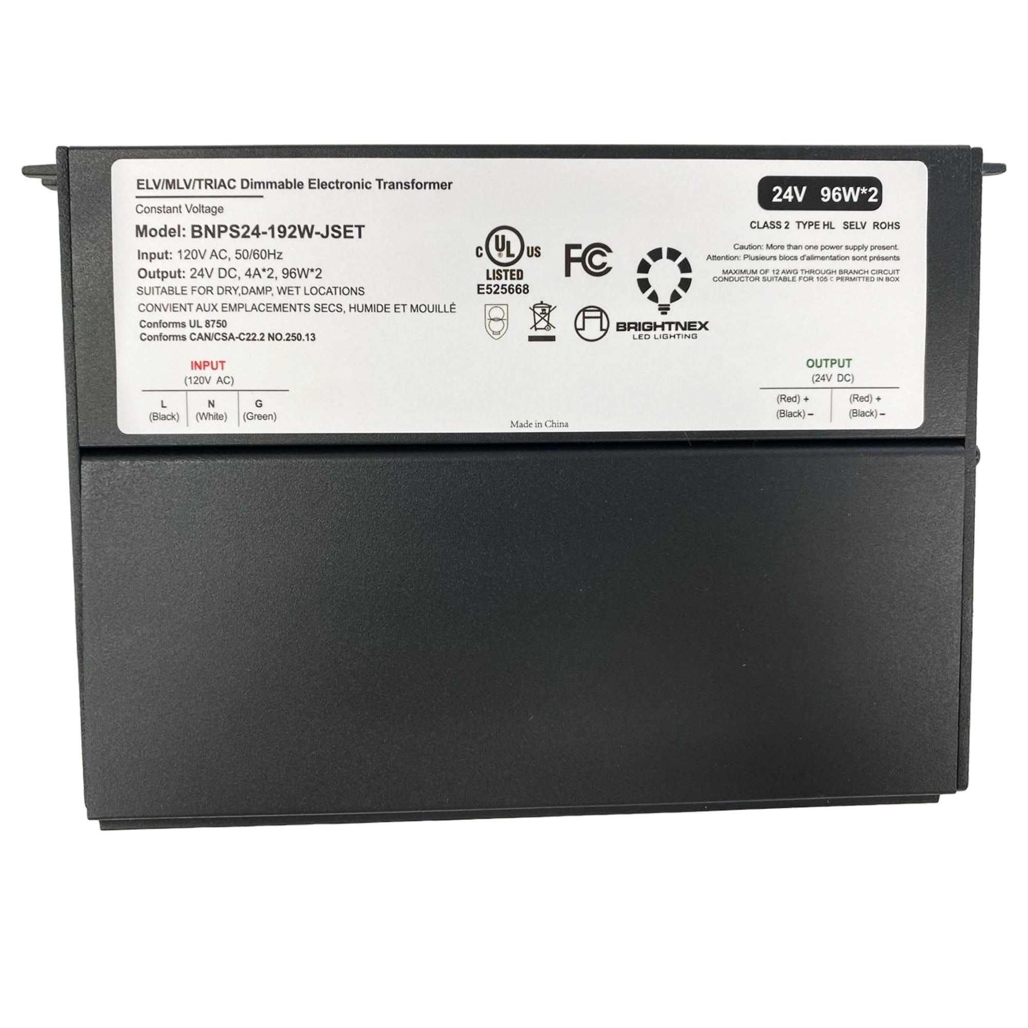 UL listed Brightnex 24V 192W dimmable LED driver BNPS24 192W JSET showing electrical specifications certifications and output ratings
