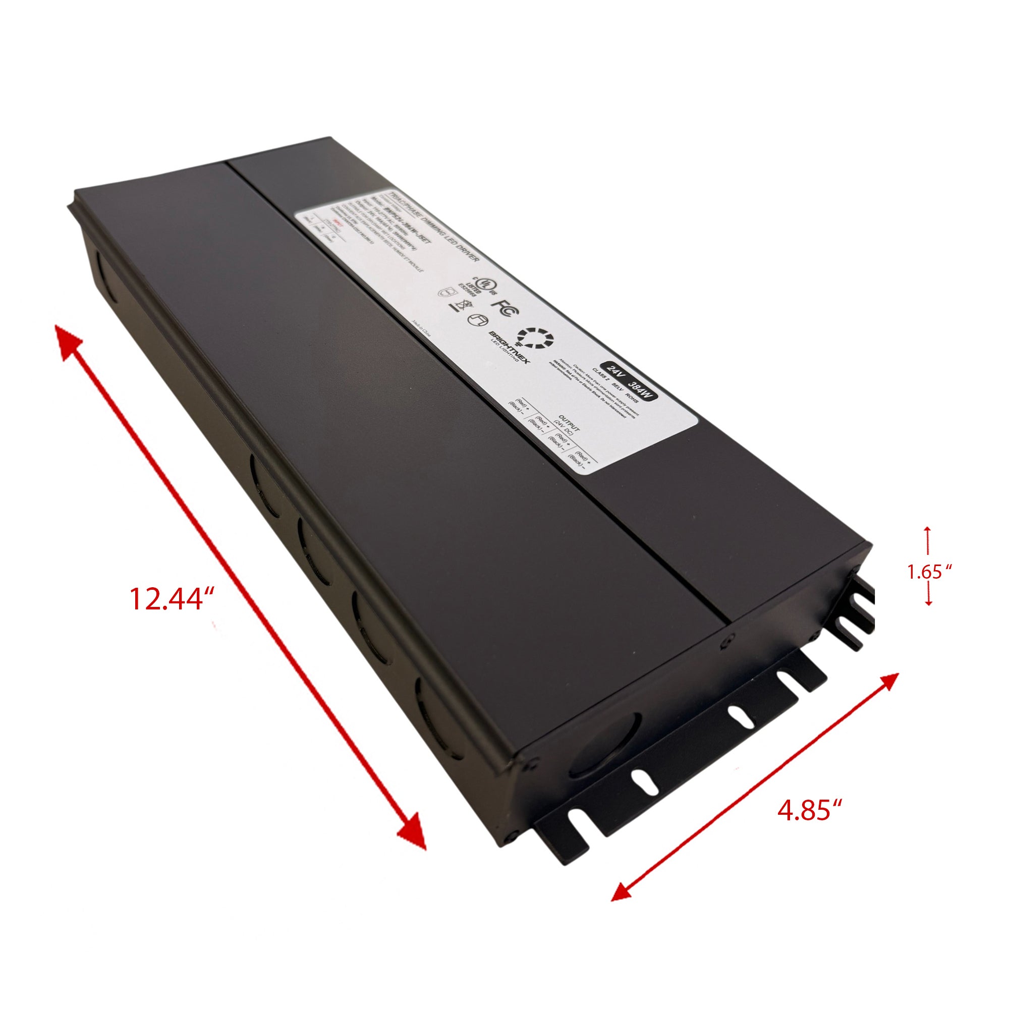 UL listed 24V 384W dimmable LED driver showing metal housing dimensions for outdoor lighting installation