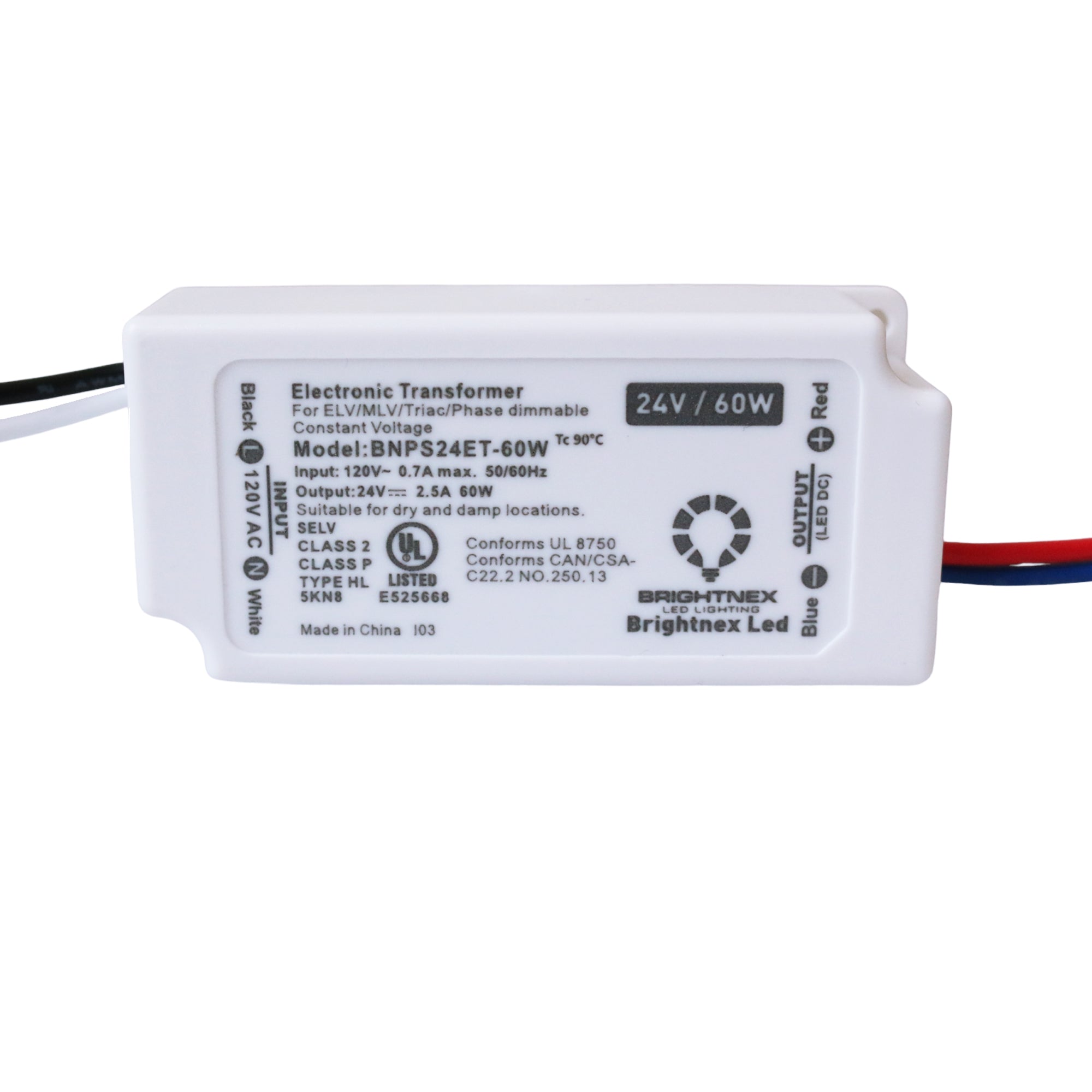 UL listed 24V 60W constant voltage dimmable LED driver showing input 120VAC and 24VDC output rating label