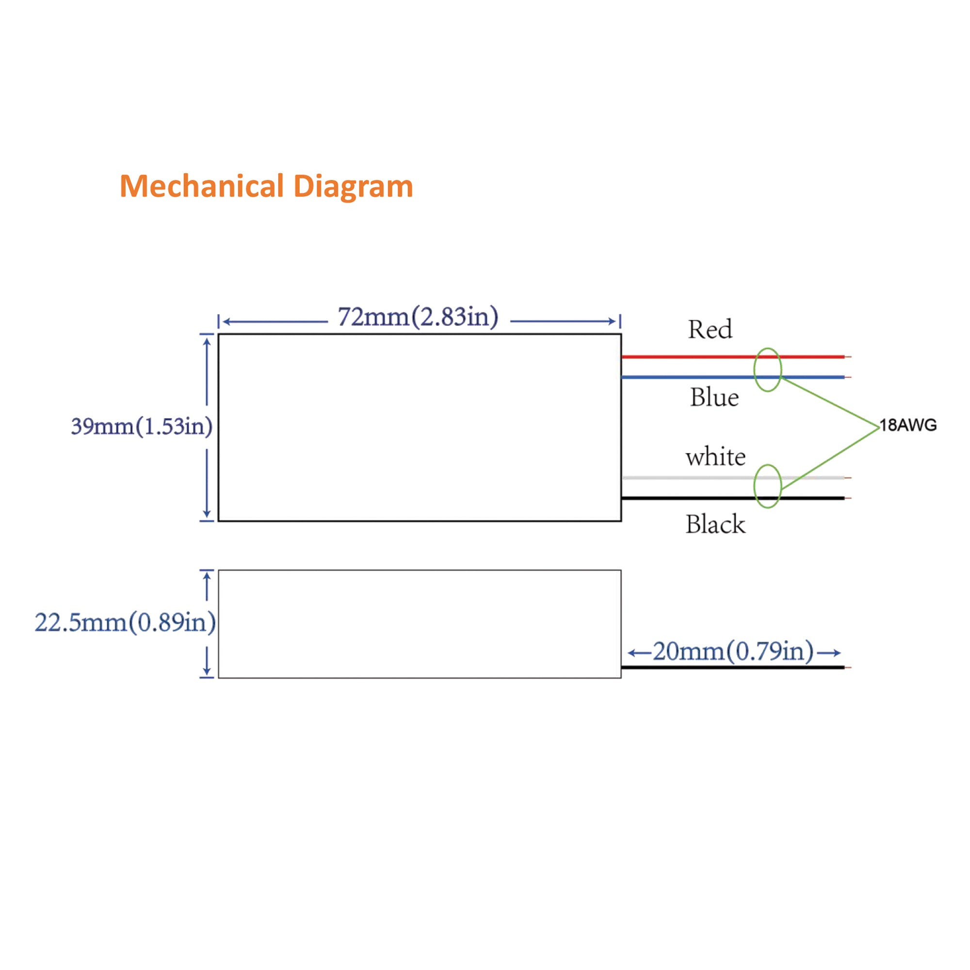 UL listed 24V 60W dimmable LED driver mechanical diagram showing compact housing dimensions and wire gauge details