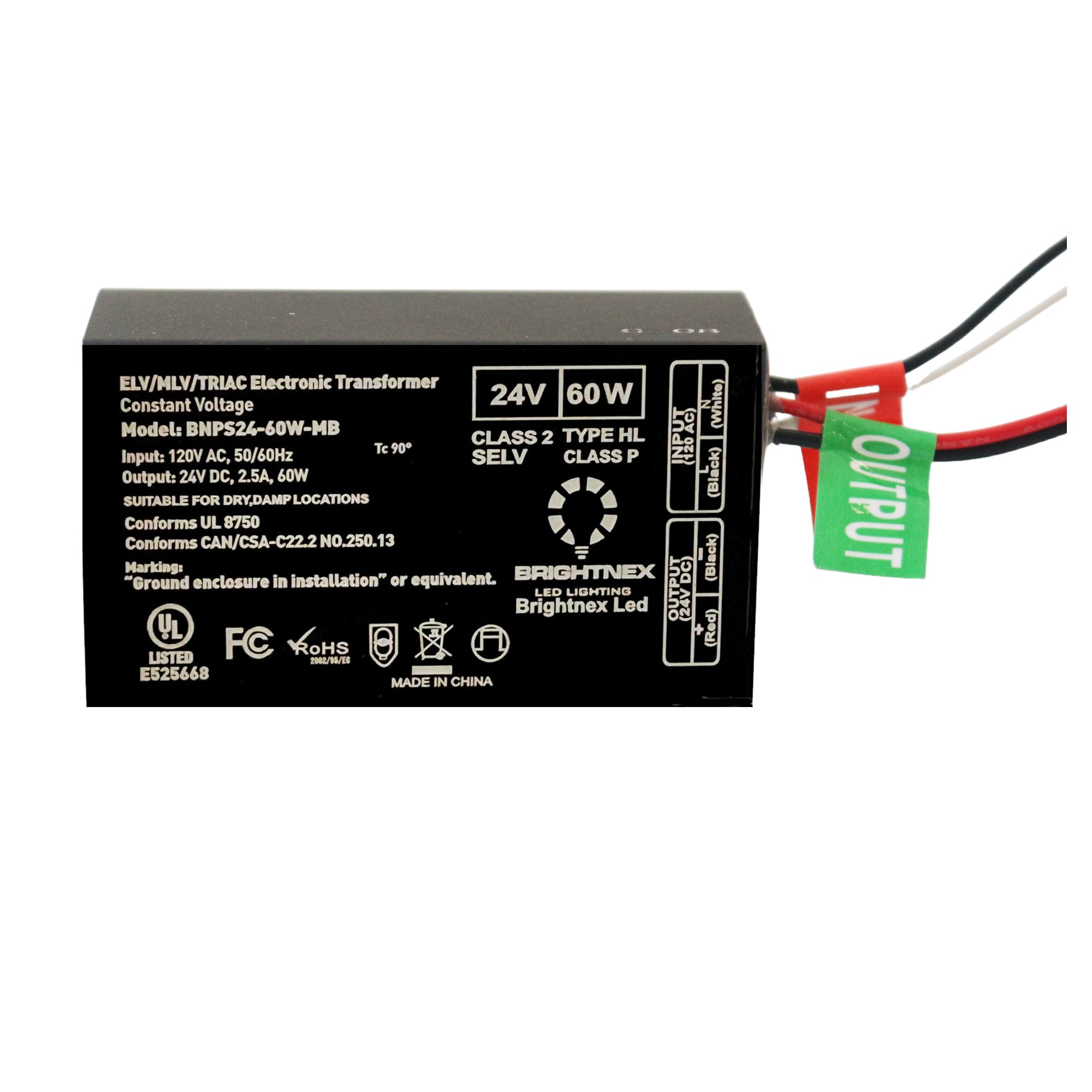 UL listed 24V 60W constant voltage dimmable LED driver showing Brightnex specifications input 120VAC and output 24VDC 2.5A