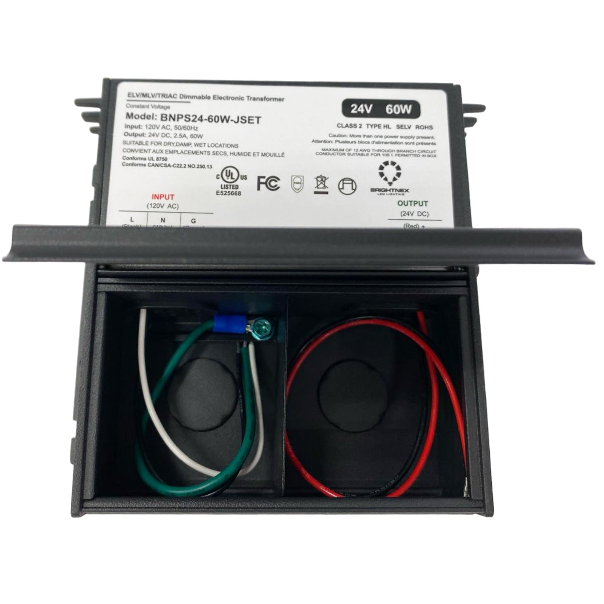 UL listed 24V 60W dimmable LED driver open metal junction box showing separated compartments for AC input wiring and DC output wiring