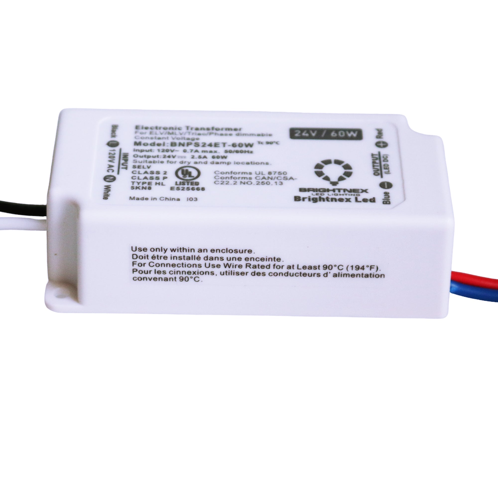 UL listed 24V 60W dimmable LED driver showing Brightnex electrical specifications model BNPS24ET 96W and certification markings
