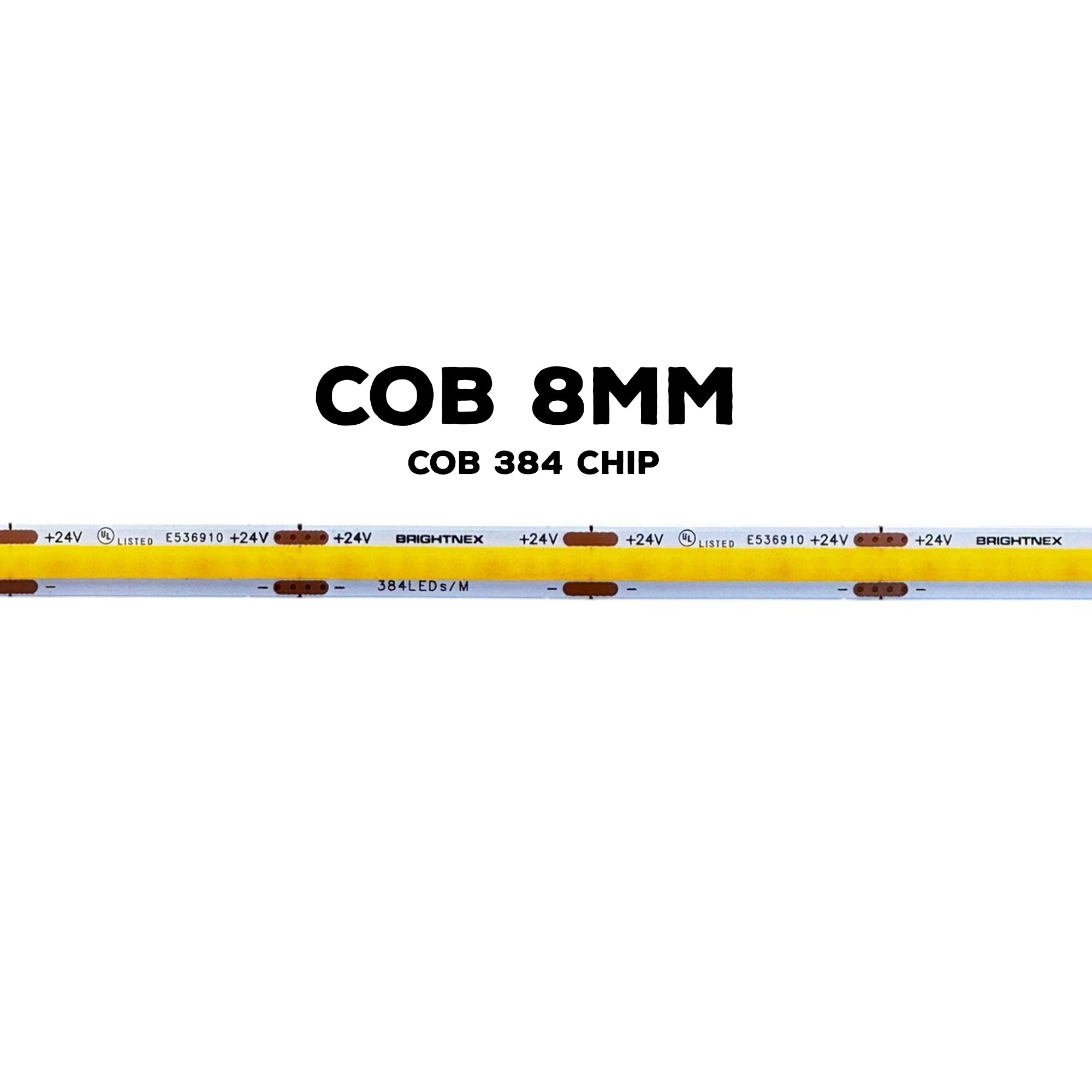 UL listed 24V 8mm COB LED strip light showing 384 LEDs per meter COB chip density for indoor lighting