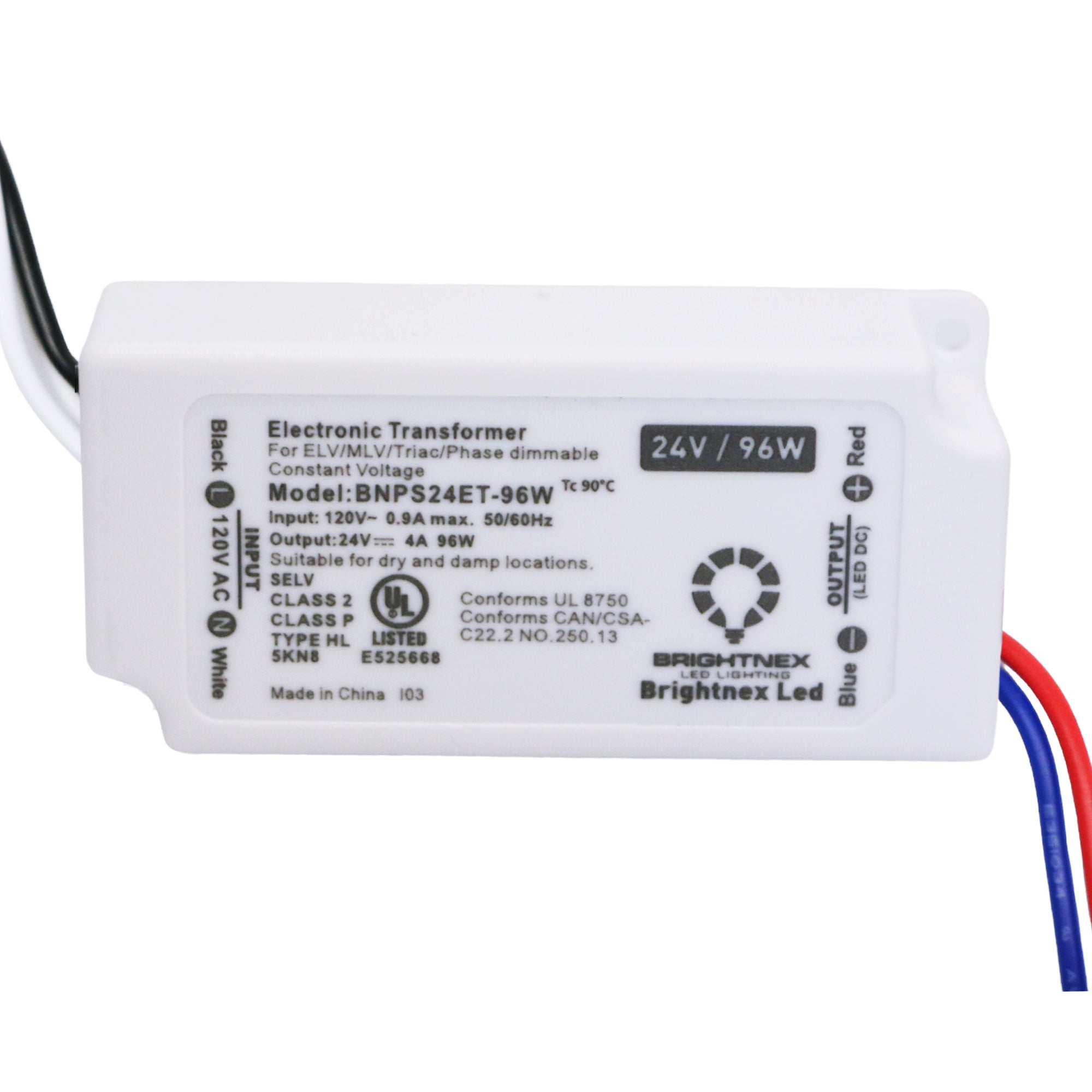 UL listed 24V 96W constant voltage dimmable LED driver showing input 120VAC and 24VDC output rating label