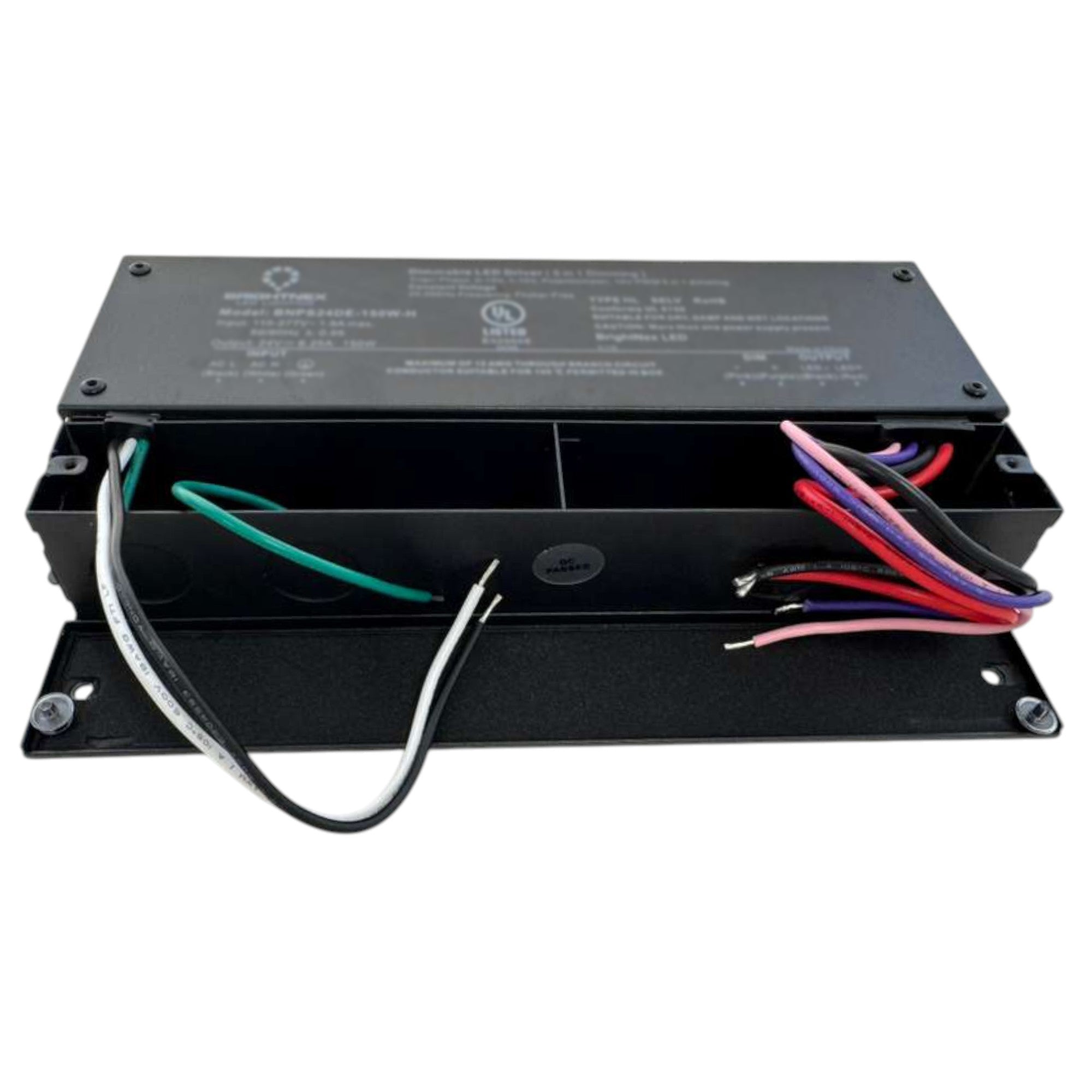 UL listed 24V 96W dimmable LED driver open junction box showing input wiring output wiring and dimming control wires