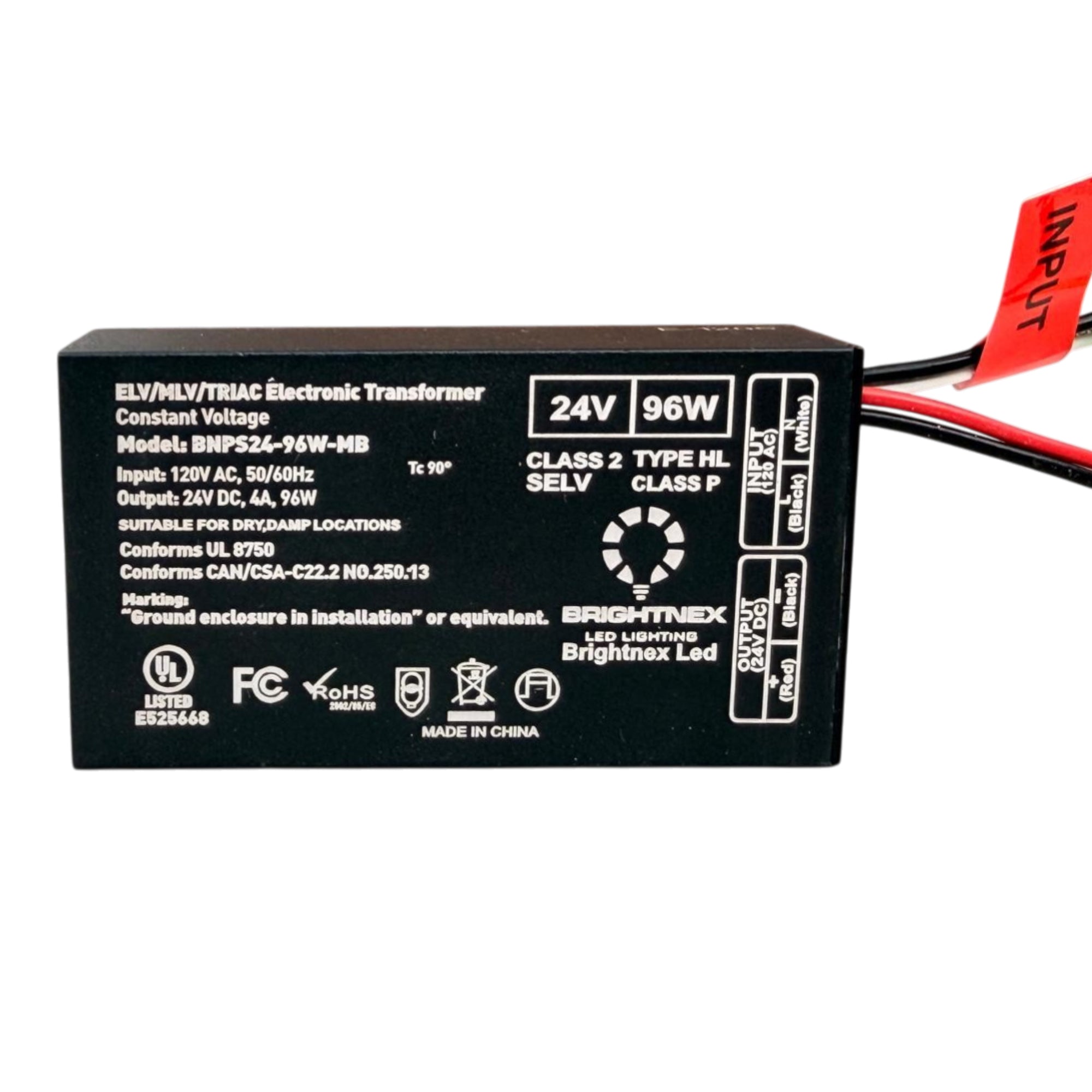 UL listed 24V 96W constant voltage dimmable LED driver showing Brightnex specifications input 120VAC and output 24VDC 2.5A