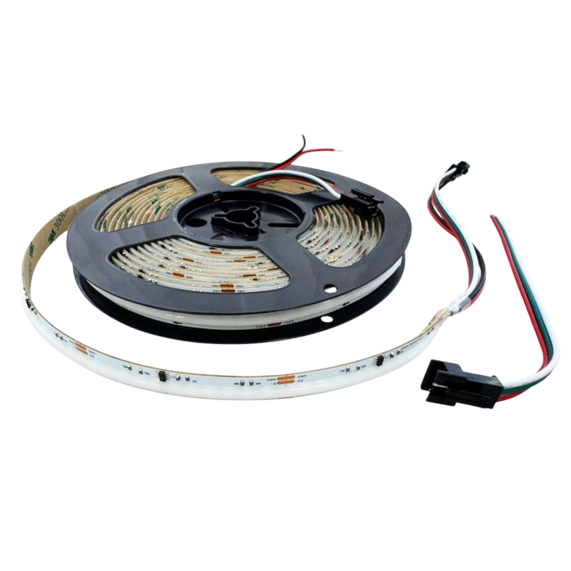 UL listed COB IC RGB LED strip light 24V 10mm IP20 showing addressable RGB LED strip reel with connection cables
