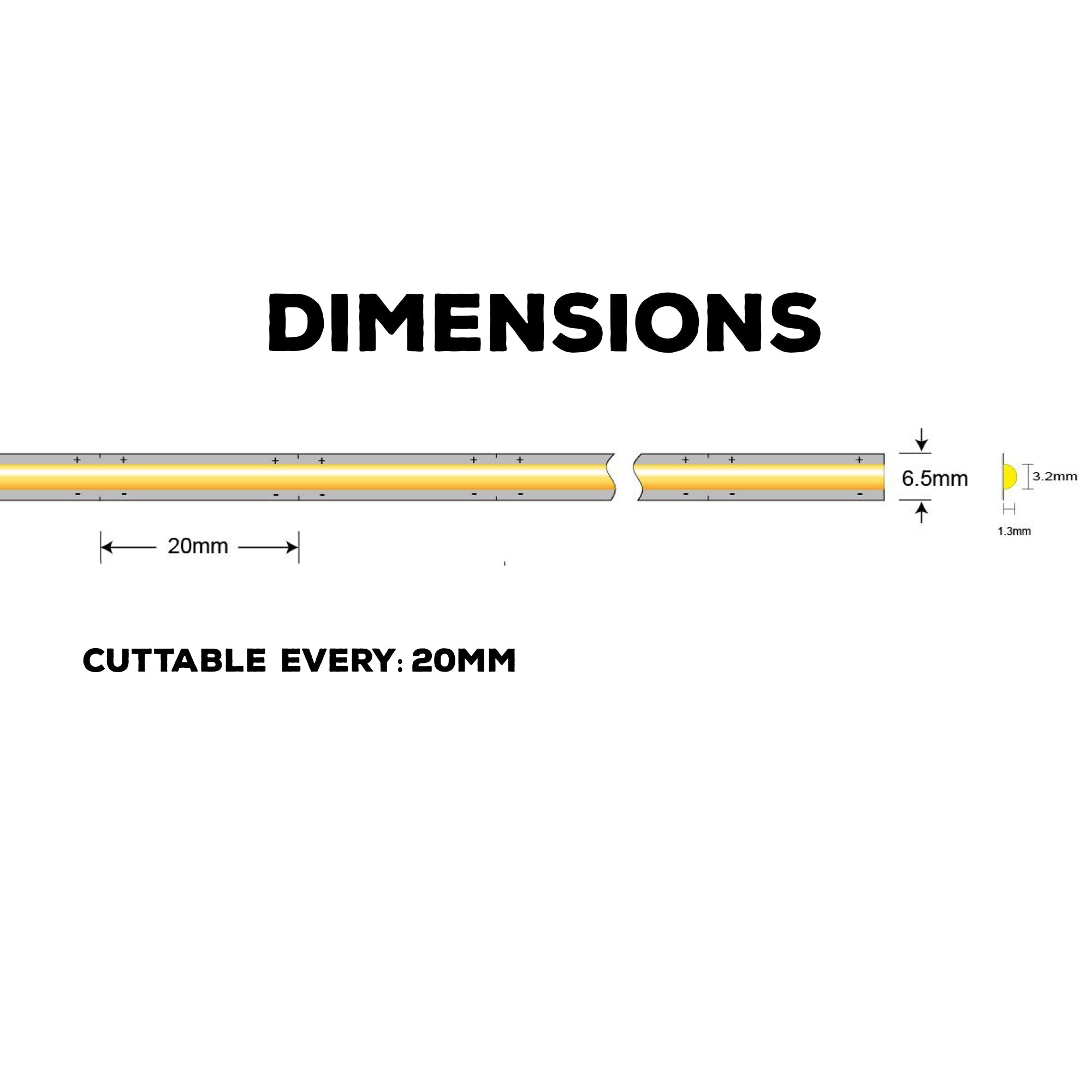 UL listed COB LED strip light 24V 6.5mm showing dimensions and 20mm cuttable sections for indoor lighting