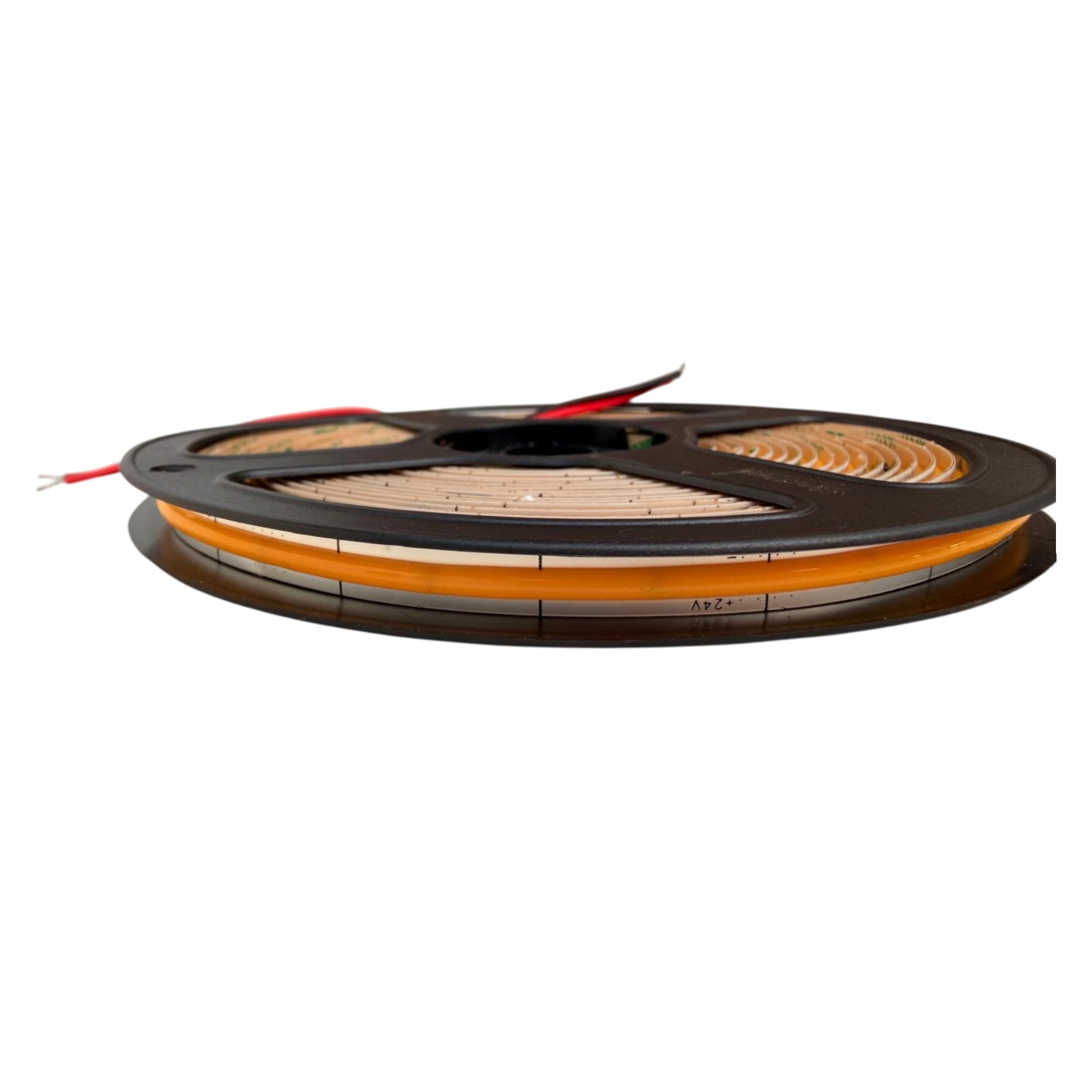 UL listed COB LED strip light 24V 6.5mm indoor showing LED strip reel with power connection wires for installation