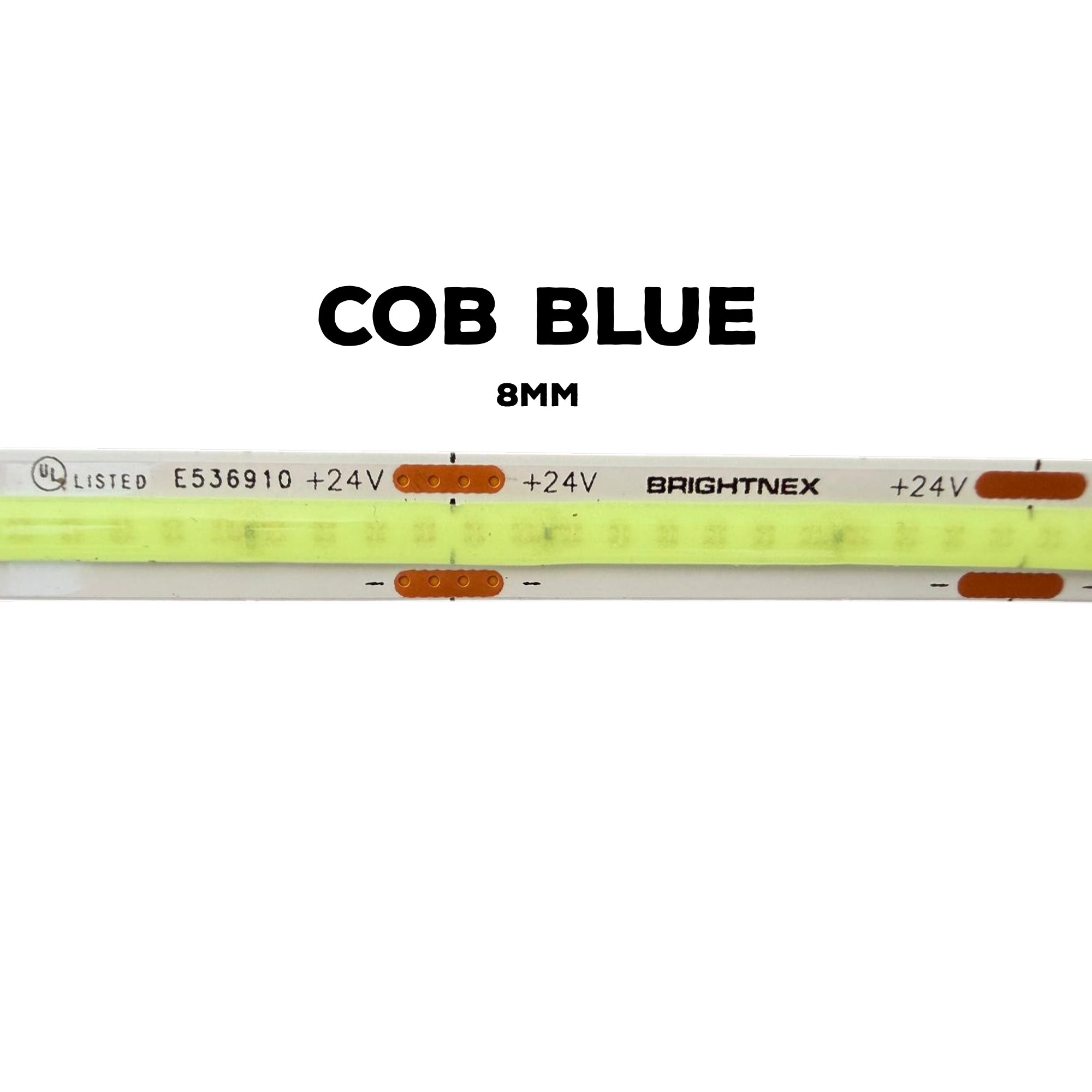 UL listed COB LED strip light 24V 8mm blue 384 LEDs showing Brightnex PCB detail and LED strip specifications 