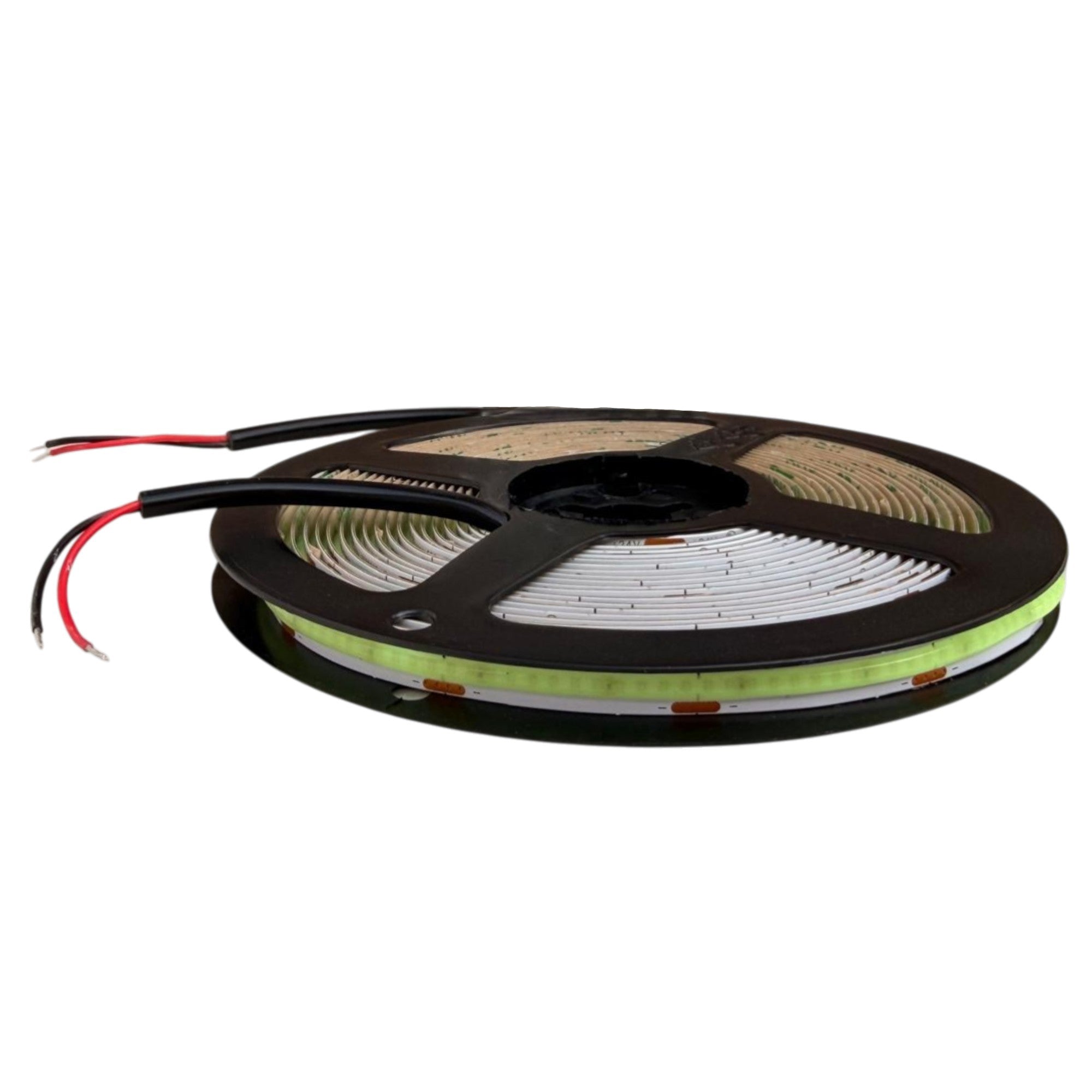 UL listed COB LED strip light 24V 8mm blue showing LED strip reel with power connection wires for indoor installation