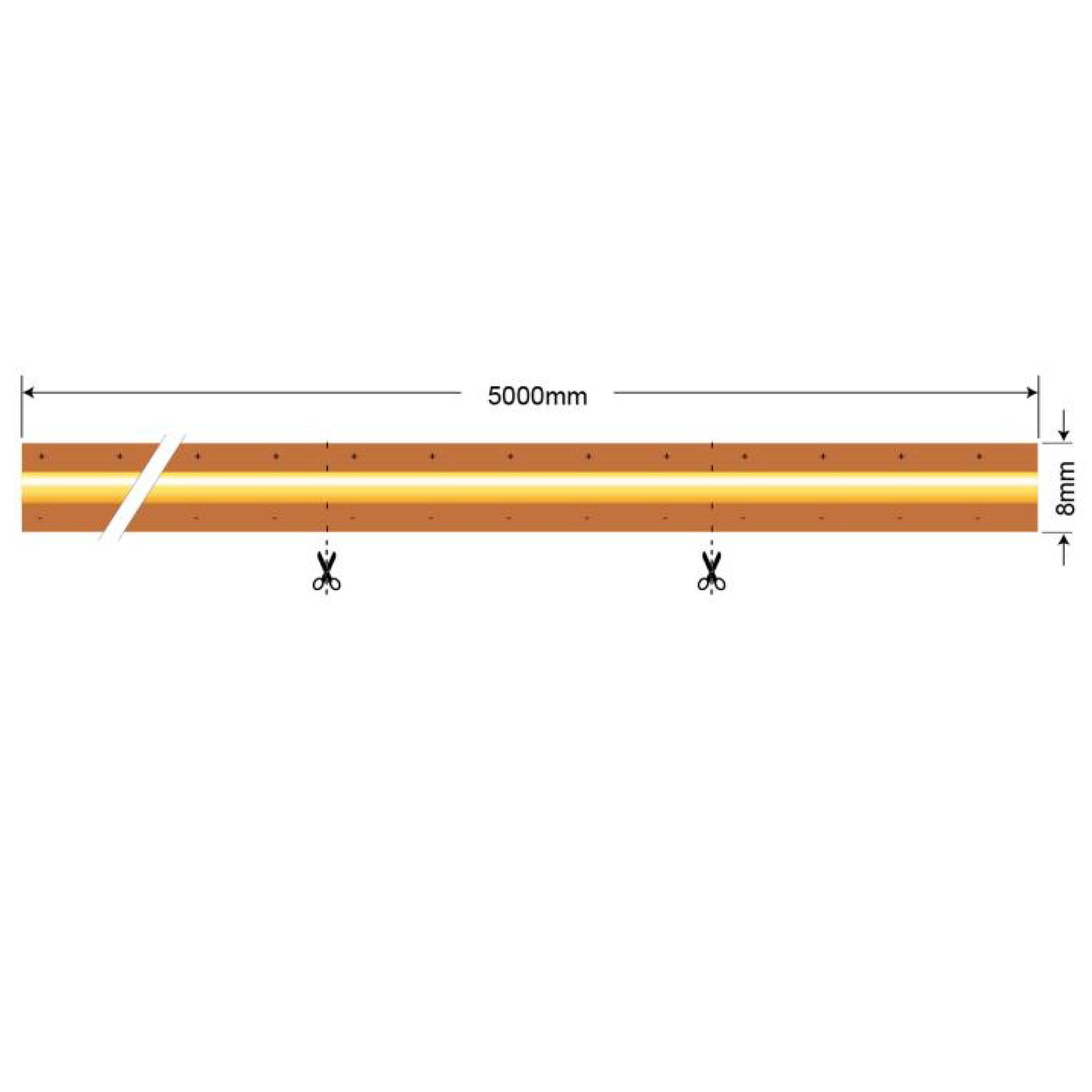 UL listed free cut COB LED strip light 24V 8mm indoor showing 5000mm length and flexible cutting positions diagram