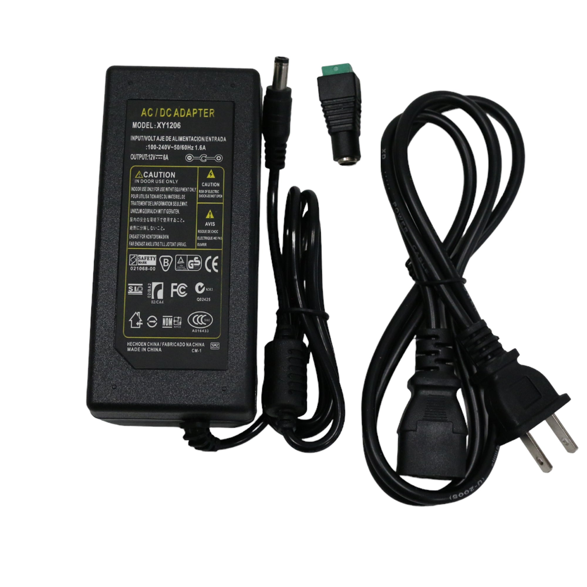 12V 6A LED transformer AC DC adapter showing electrical specifications safety certifications and output rating label