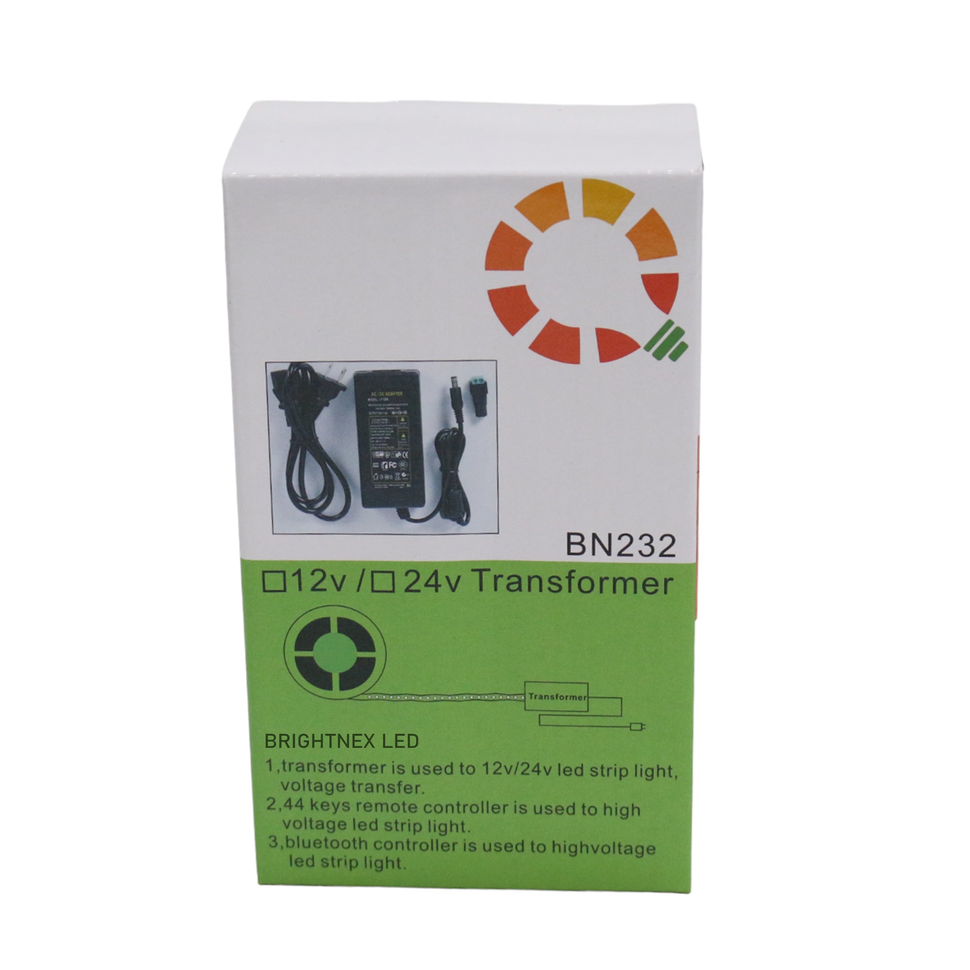 12V 6A LED transformer power supply packaging showing Brightnex branding and product usage for LED strip lighting