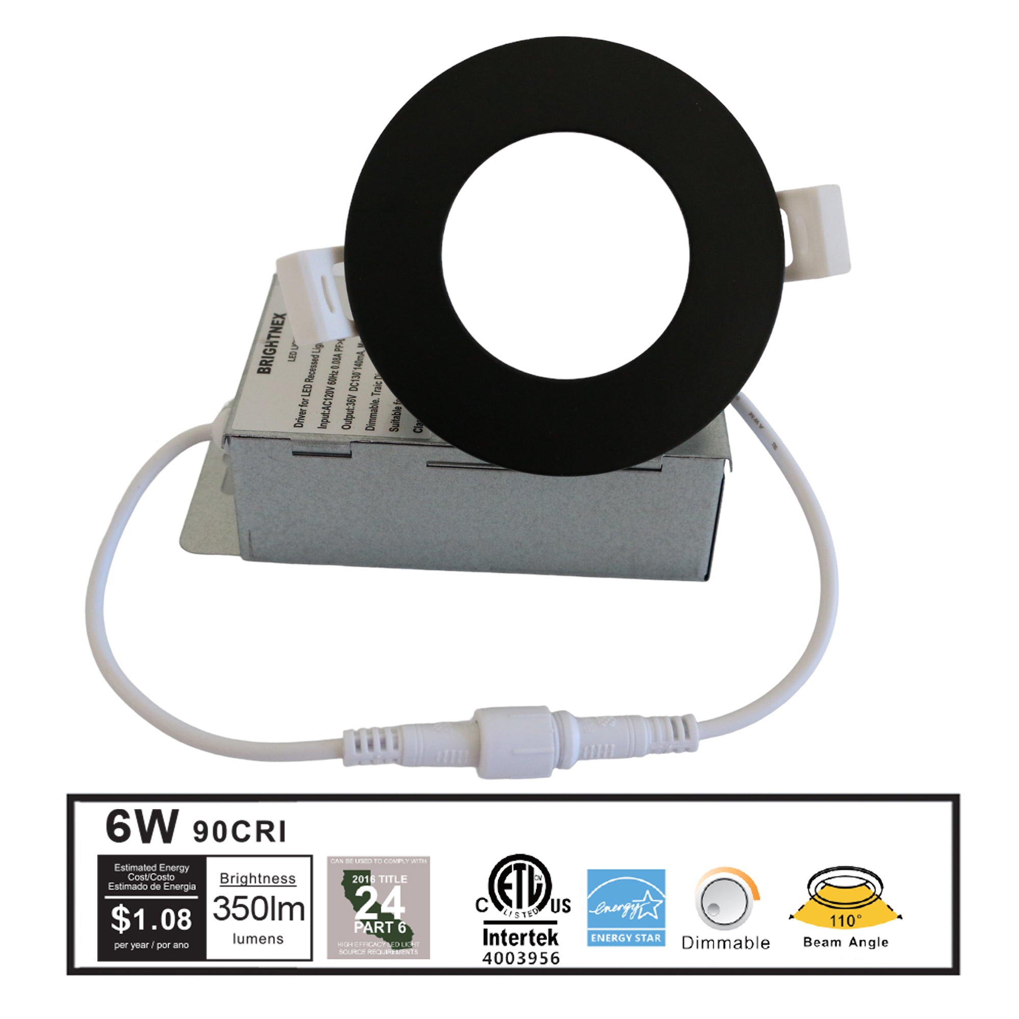 3 inch black trim LED recessed downlight 6W 350 lumens CRI90 dimmable indoor light ETL Energy Star with 110 degree beam angle and junction box