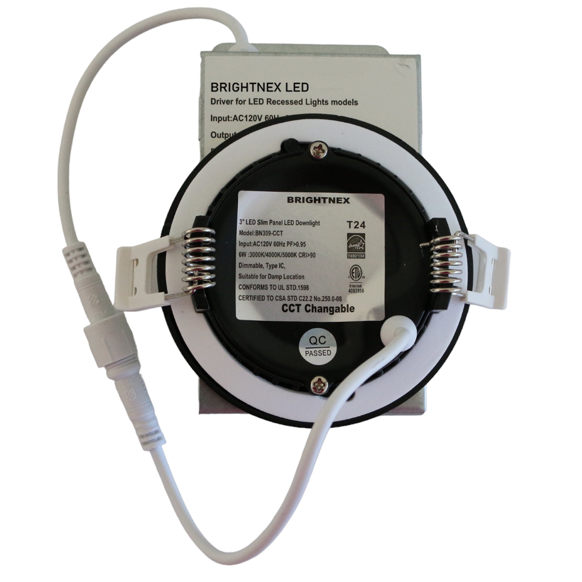 3 inch LED recessed downlight black trim back view showing junction box driver connector springs dimmable CRI90 indoor ceiling light