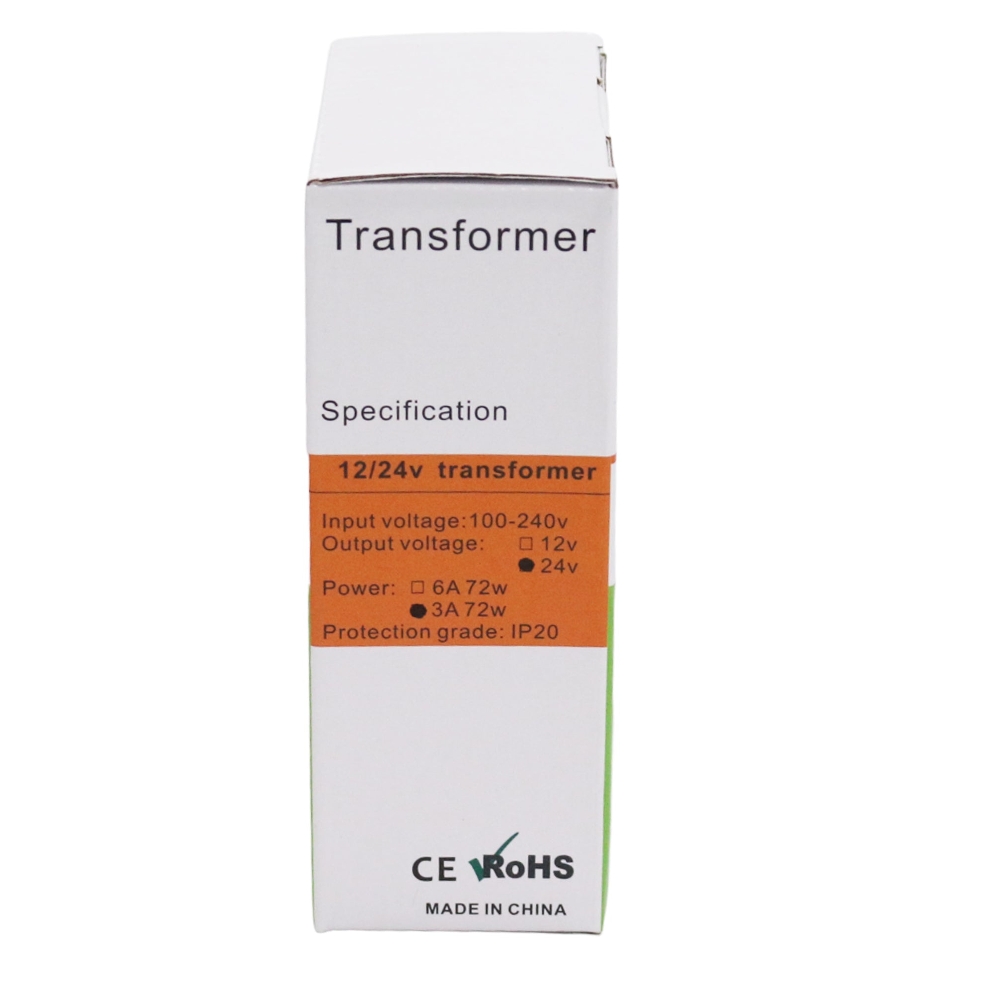 3A 24V LED transformer power supply retail box showing input voltage 100-240V output 24V 72W 3A and IP20 protection rating specifications