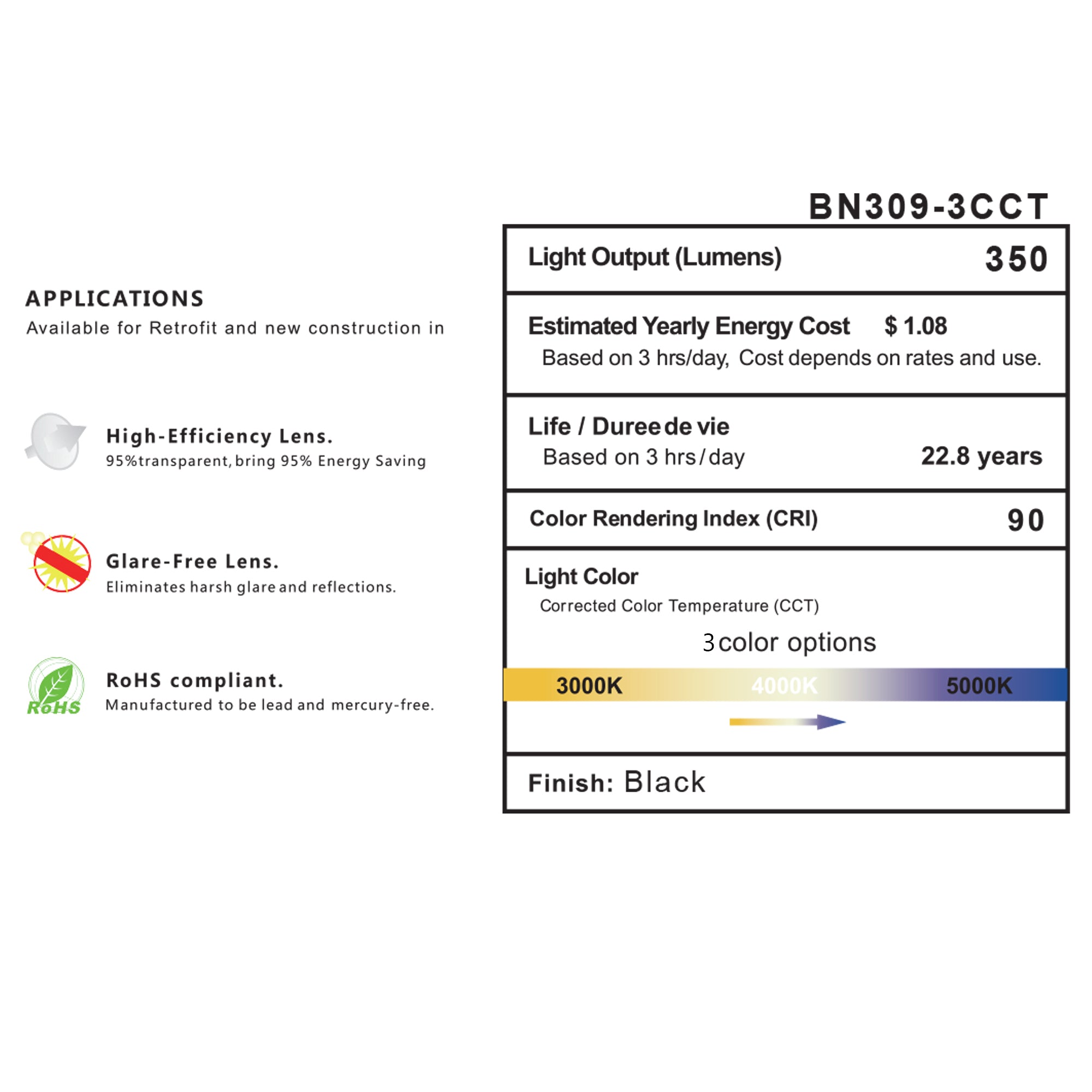 3CCT LED recessed downlight indoor specifications showing 350 lumens CRI90 3000K 4000K 5000K color options lifespan energy cost and black finish