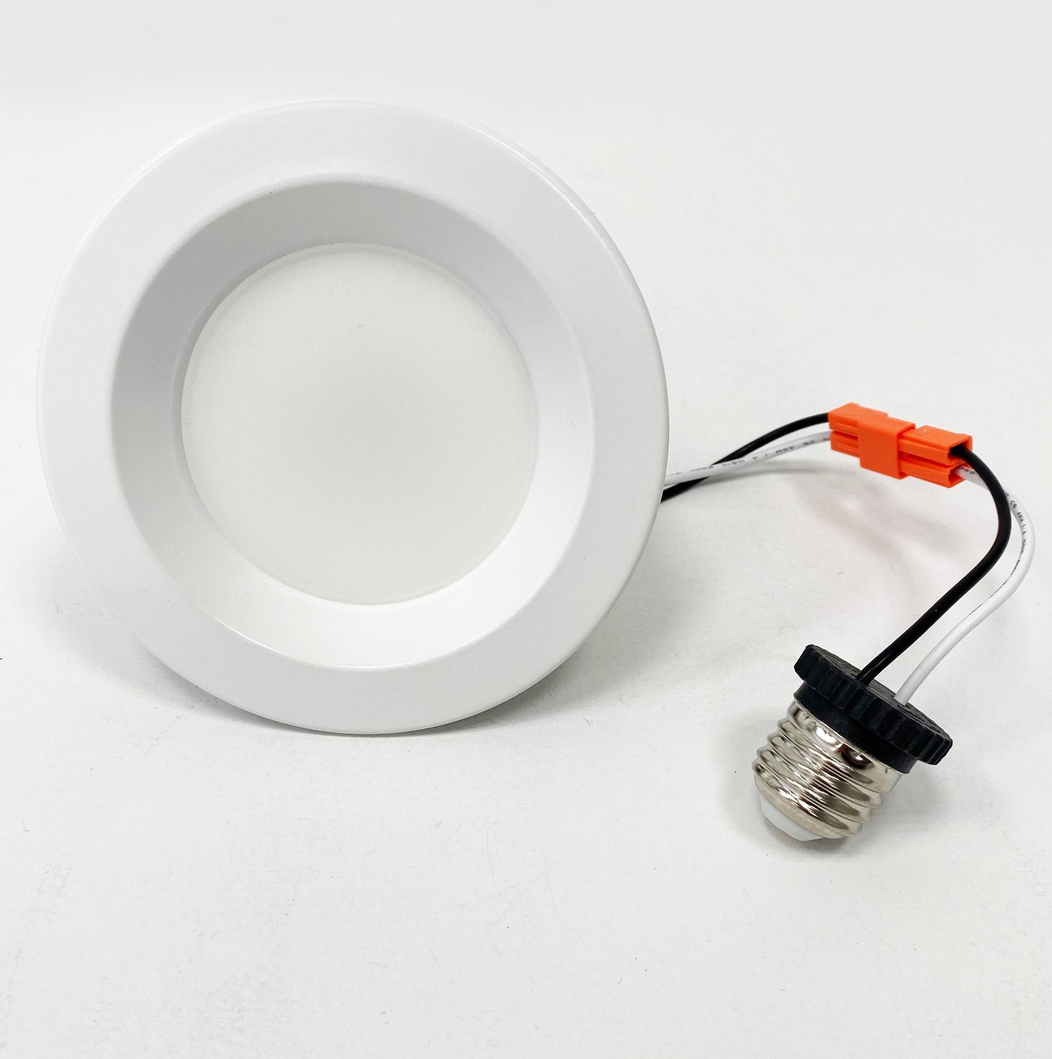 5CCT LED recessed downlight retrofit kit showing white trim front view E26 socket adapter quick connector indoor dimmable ceiling light