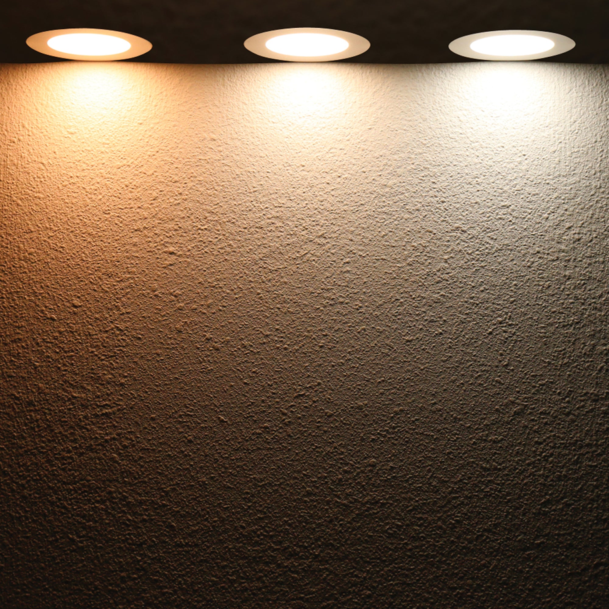 LED recessed downlight indoor ceiling lighting showing warm white neutral white and daylight color temperature illumination comparison