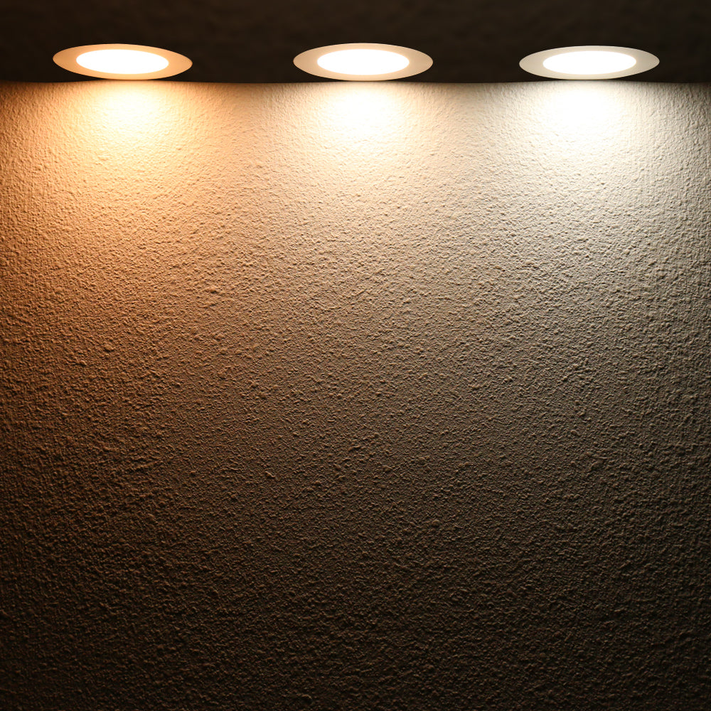 flat slim LED panel downlight showing warm white soft white neutral white and daylight color temperature beam comparison on ceiling