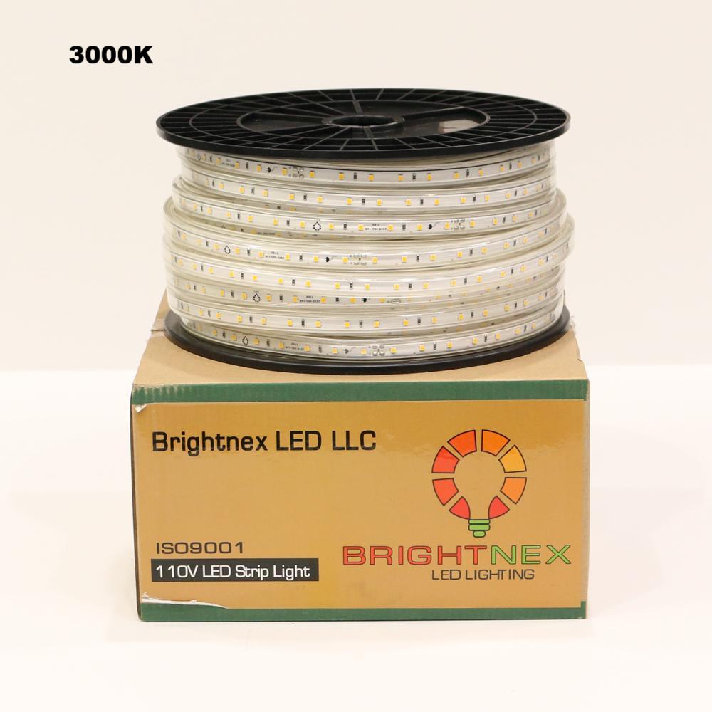 UL listed 110V SMD2835 LED strip light outdoor IP65 showing 3000K strip reel with Brightnex LED retail box