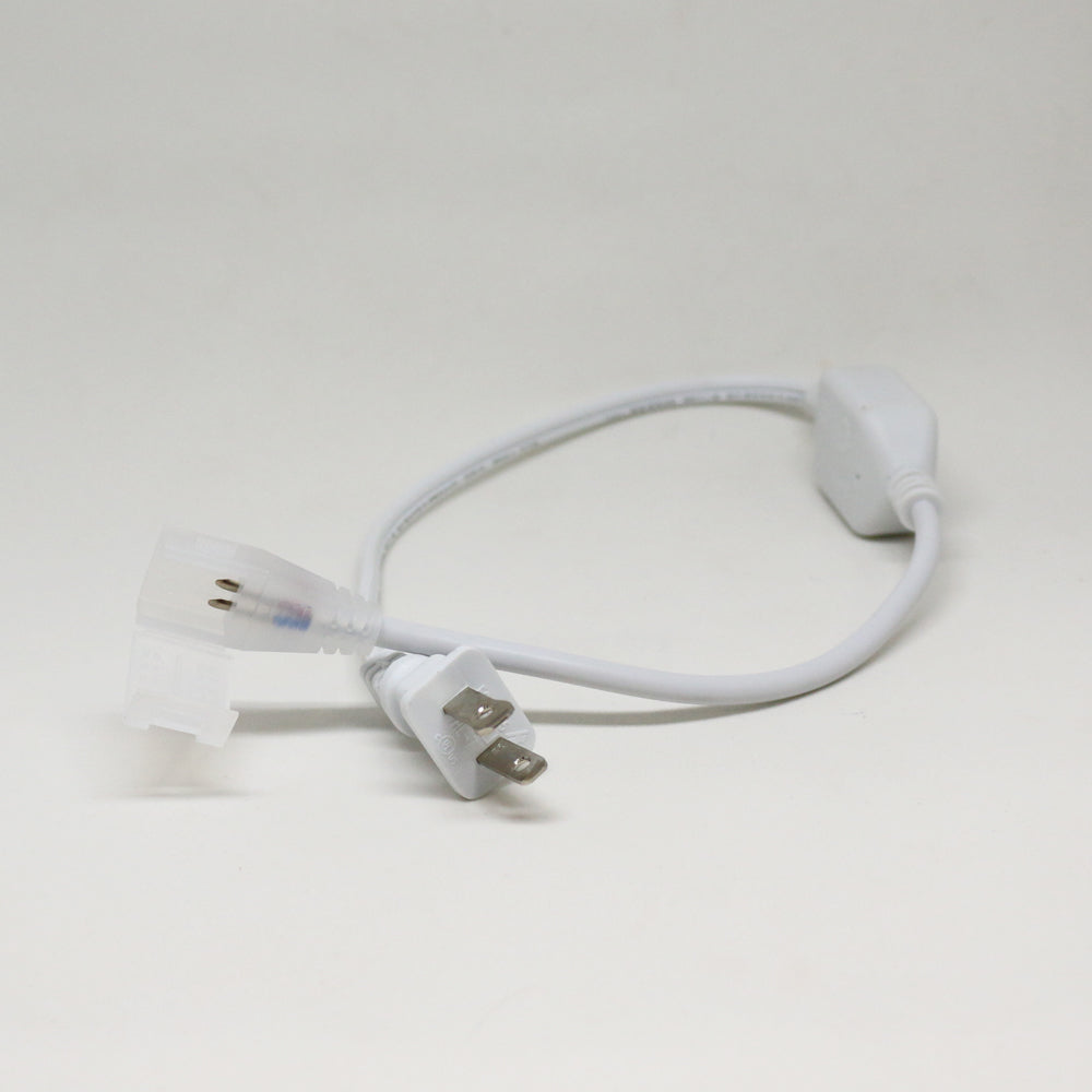 UL listed 110V SMD2835 LED strip light outdoor IP65 showing power cord plug and strip connector for installation