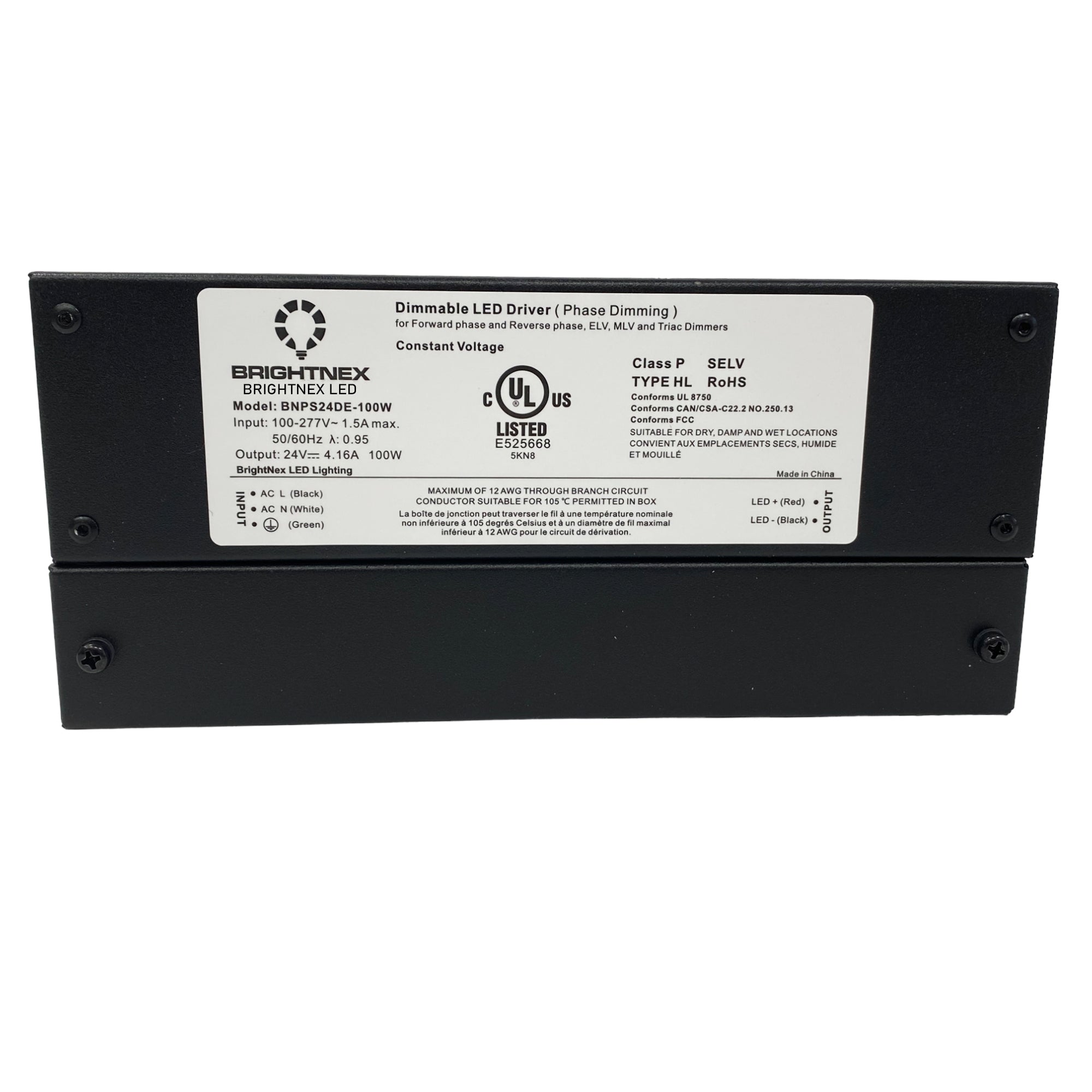 UL listed 12V 24V 100W IP65 dimmable LED driver showing Brightnex electrical specification label and certification marks