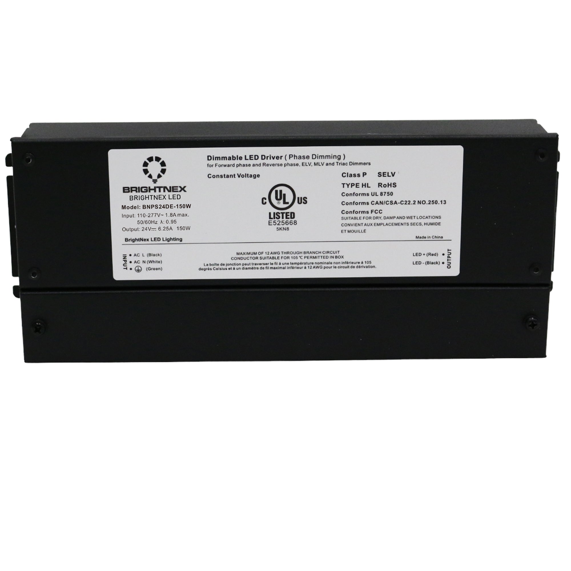 UL listed 12V 24V 150W IP65 dimmable LED driver showing Brightnex electrical specification label and certification marks