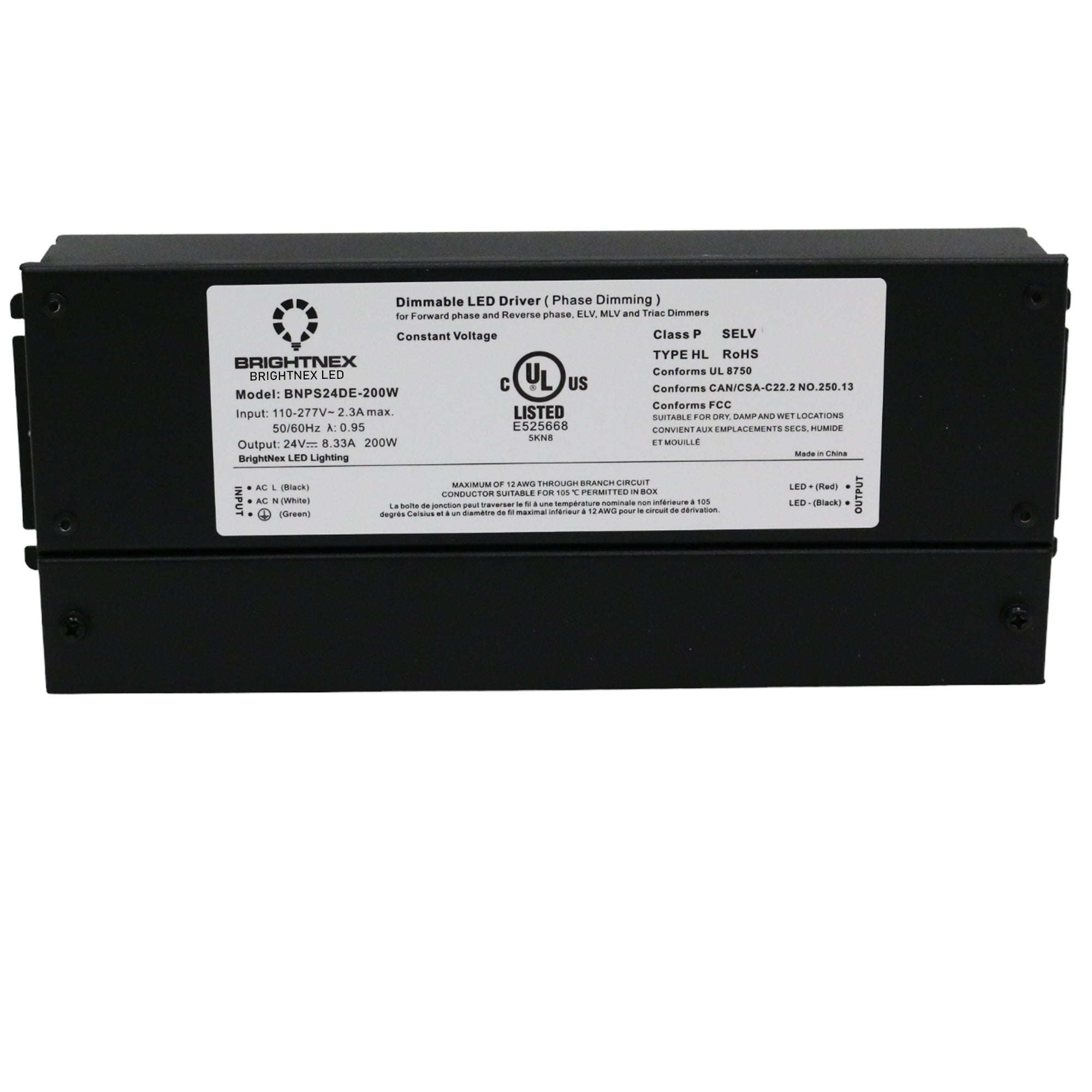 UL listed 12V 24V 200W IP65 dimmable LED driver showing Brightnex electrical specification label and certification marks