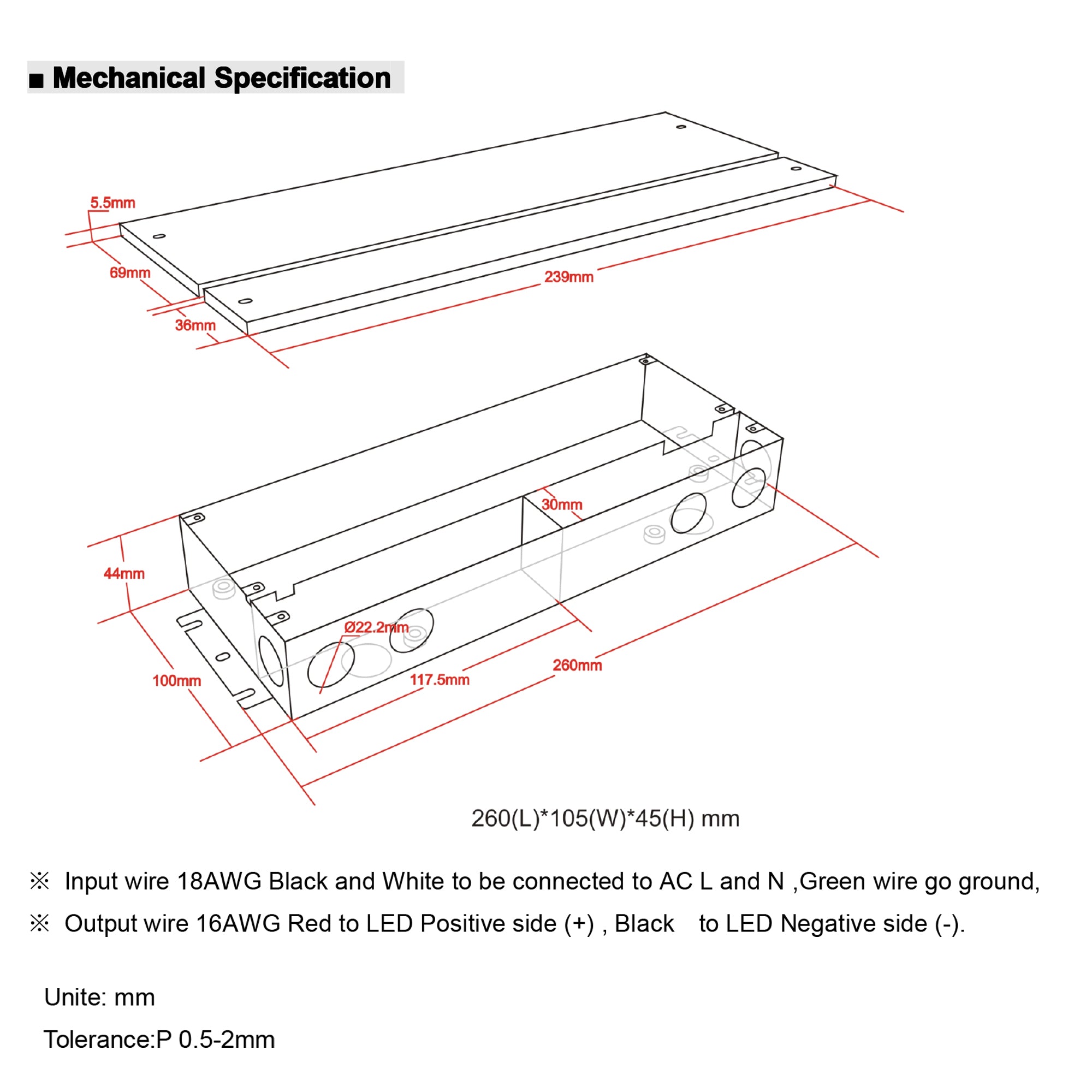 UL listed 12V 24V 200W dimmable LED driver junction box mechanical specification drawing showing enclosure dimensions and knockout sizes