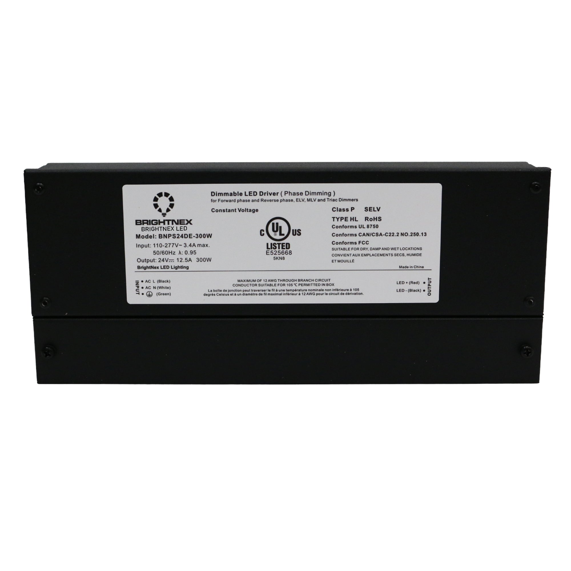 UL listed 12V 24V 300W IP65 dimmable LED driver showing Brightnex electrical specification label and certification marks