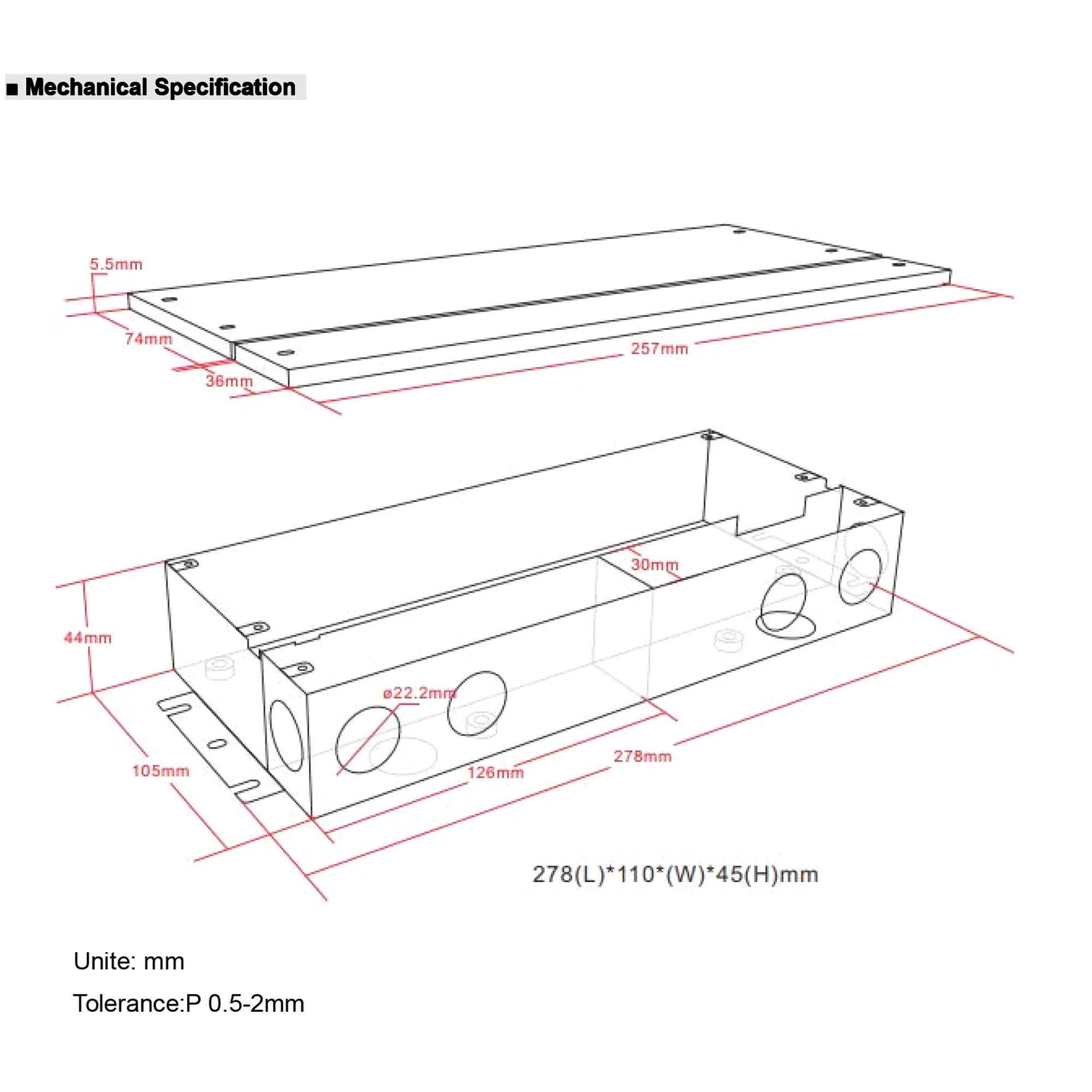 UL listed 12V 24V 300W dimmable LED driver junction box mechanical specification drawing showing enclosure dimensions and knockout sizes