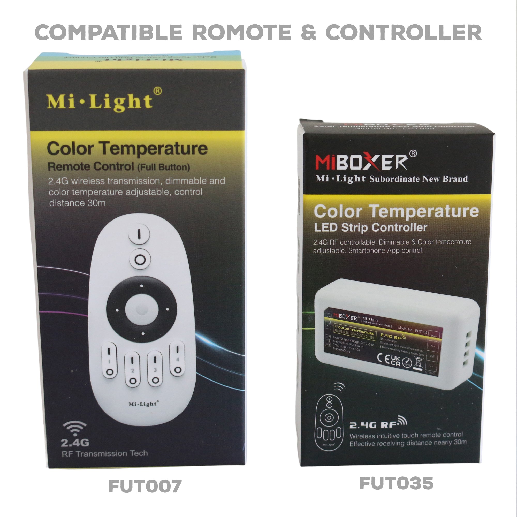 UL listed COB CCT LED strip compatible Mi Light remote control and LED strip controller for color temperature adjustment