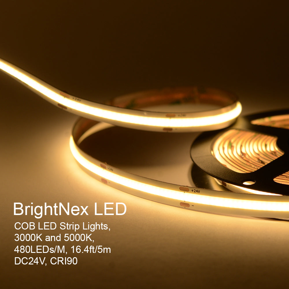 UL listed 24V 10mm COB LED strip light showing 3000K and 5000K color temperature 480 LEDs per meter CRI90 indoor strip light