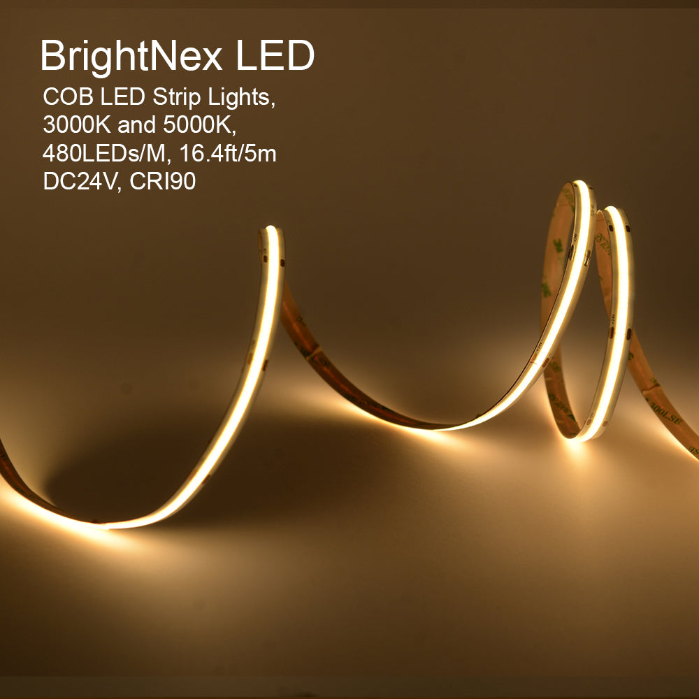 UL listed 24V 10mm COB LED strip light 480 LEDs per meter showing flexible design with CRI90 indoor lighting