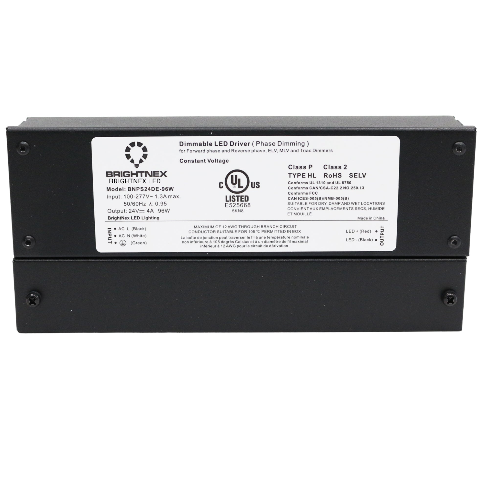 UL listed 24V 96W IP65 dimmable LED driver showing Brightnex electrical specification label and certification marks