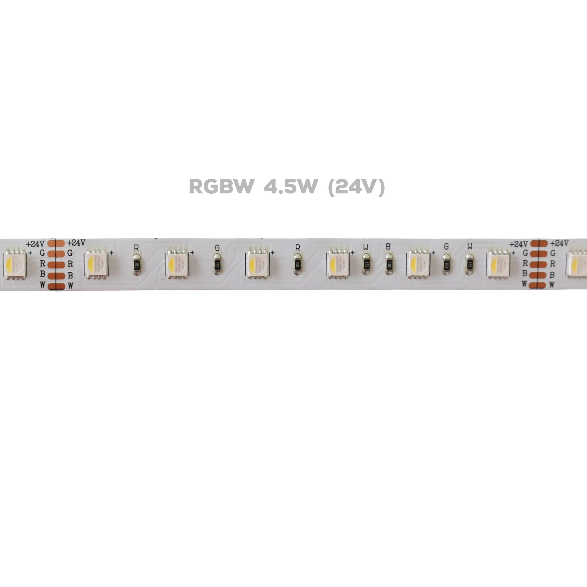 UL listed indoor RGBW 24V COB LED strip light showing 4.5W PCB design with RGBW solder pads and strip circuit detail
