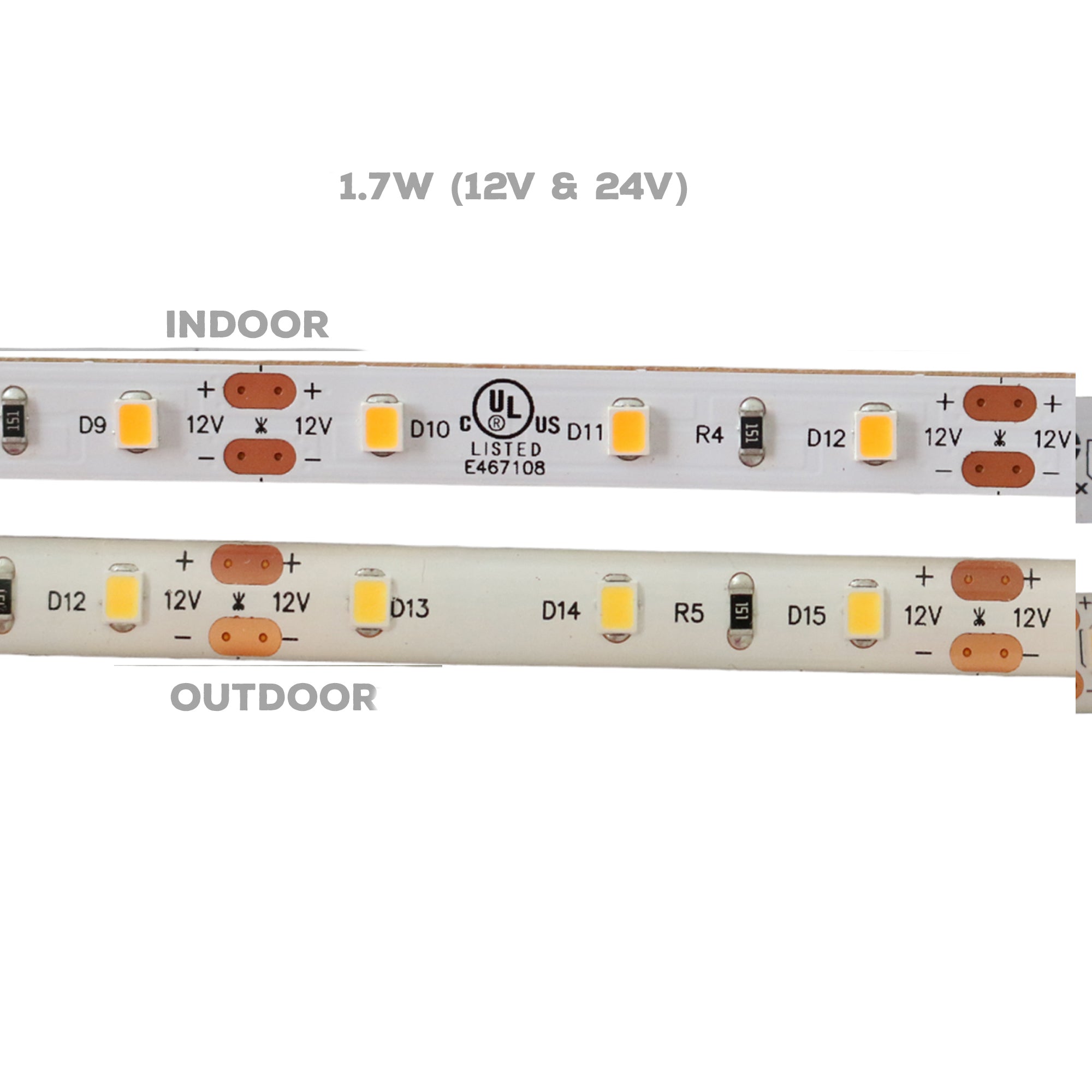 UL listed single color LED strip light 12V 24V 1.7W showing indoor and outdoor PCB comparison with strip circuit detail