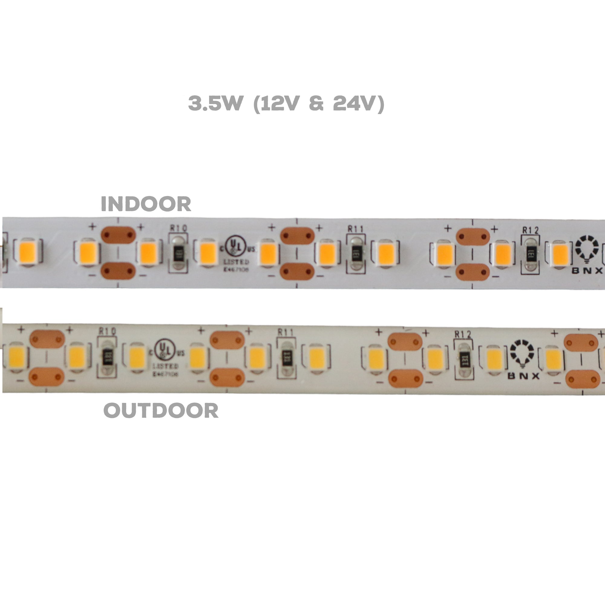 UL listed single color LED strip light 3.5W 12V 24V showing indoor and outdoor PCB comparison with LED chip layout